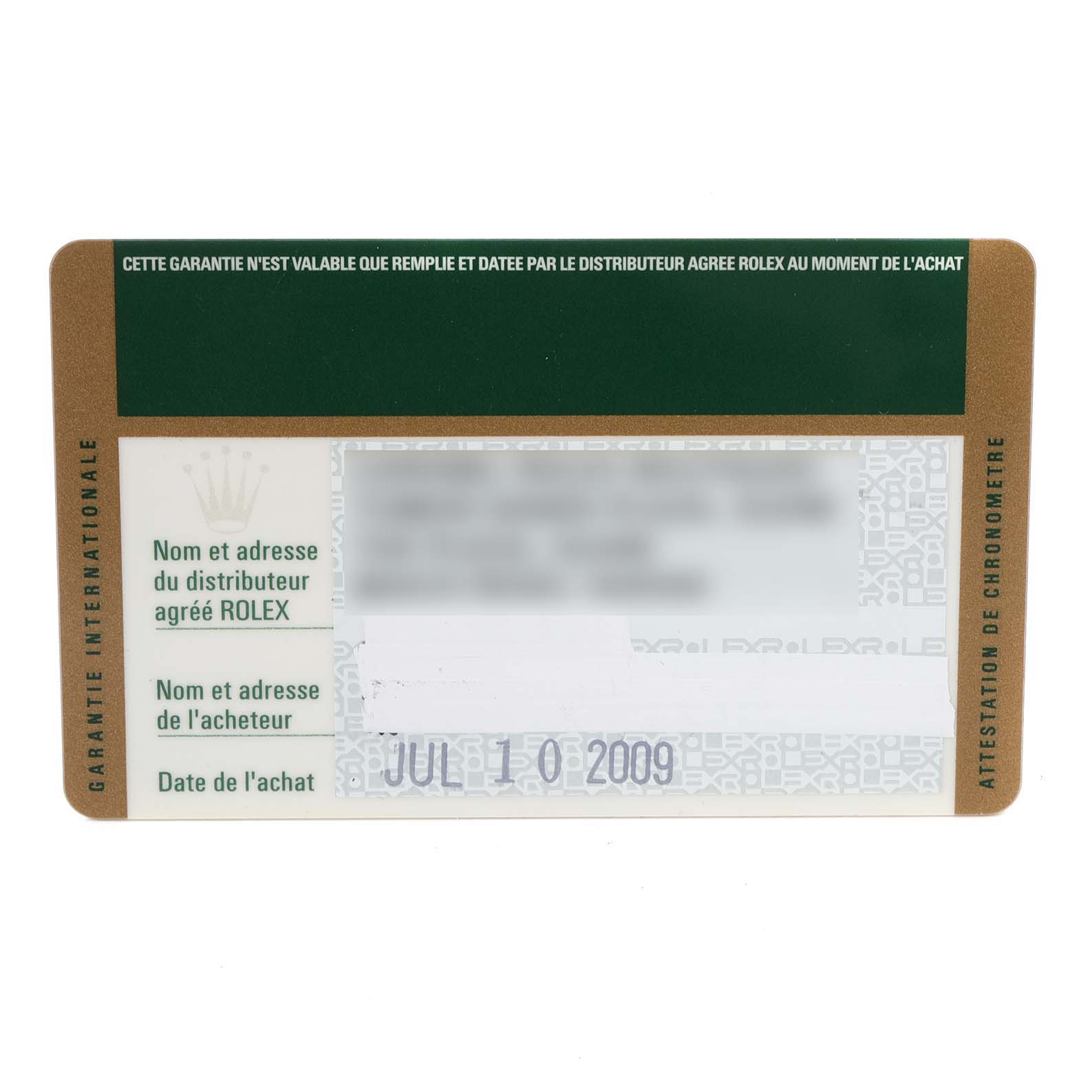 This image shows a warranty card for a Rolex Submariner 16610 Men
s Stainless Steel Black Dial 16610 Men
s Stainless Steel Black Dial watch.