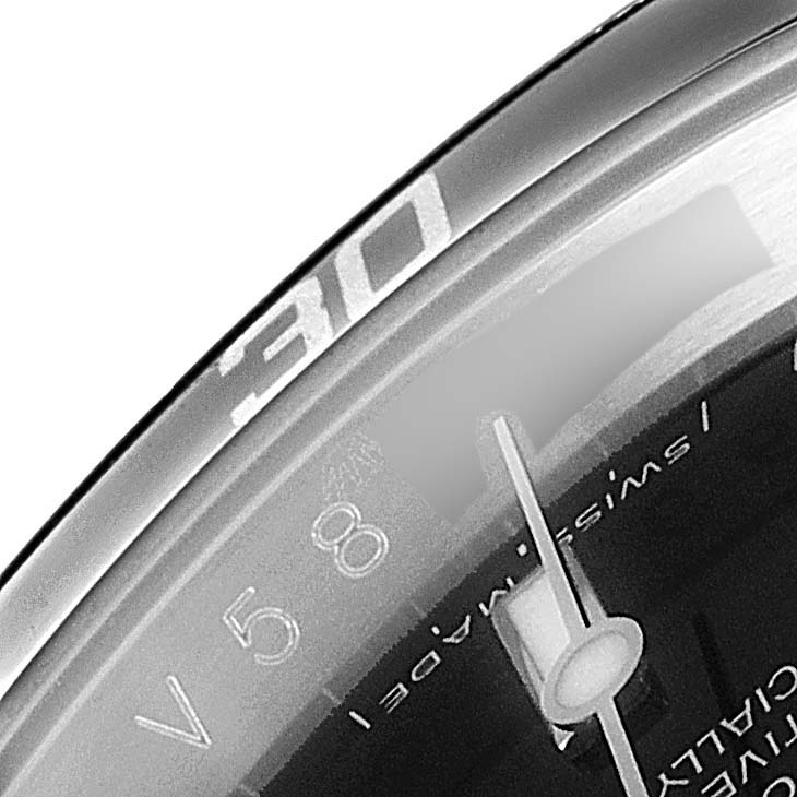 This close-up shows the bezel, some dial markings, and the seconds hand of the Rolex Submariner 16610 Men
s Stainless Steel Black Dial 16610 Men
s Stainless Steel Black Dial.