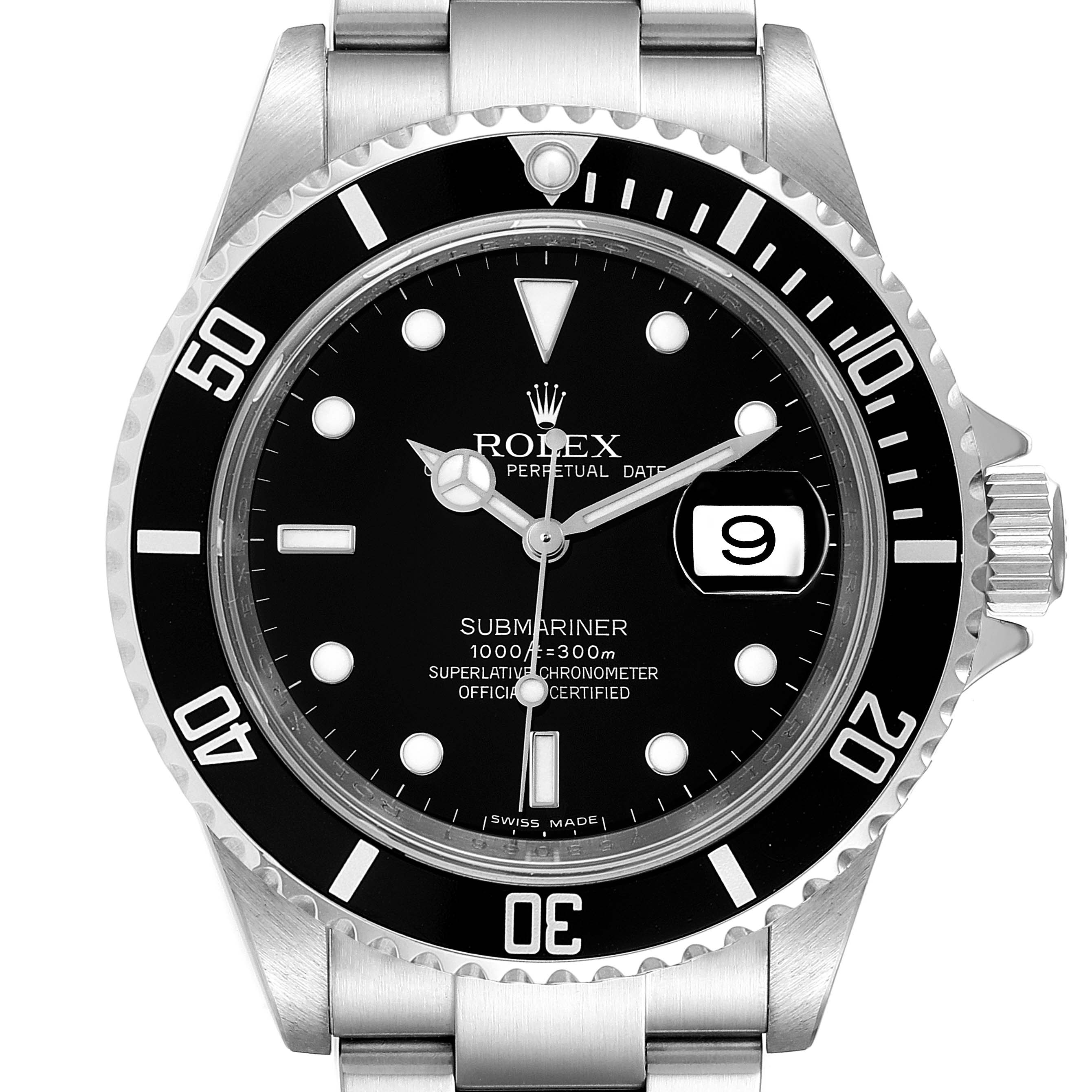 The image shows a frontal view of a Rolex Submariner 16610 Men
s Stainless Steel Black Dial 16610 Men
s Stainless Steel Black Dial watch, highlighting its black dial, bezel, and metal bracelet.
