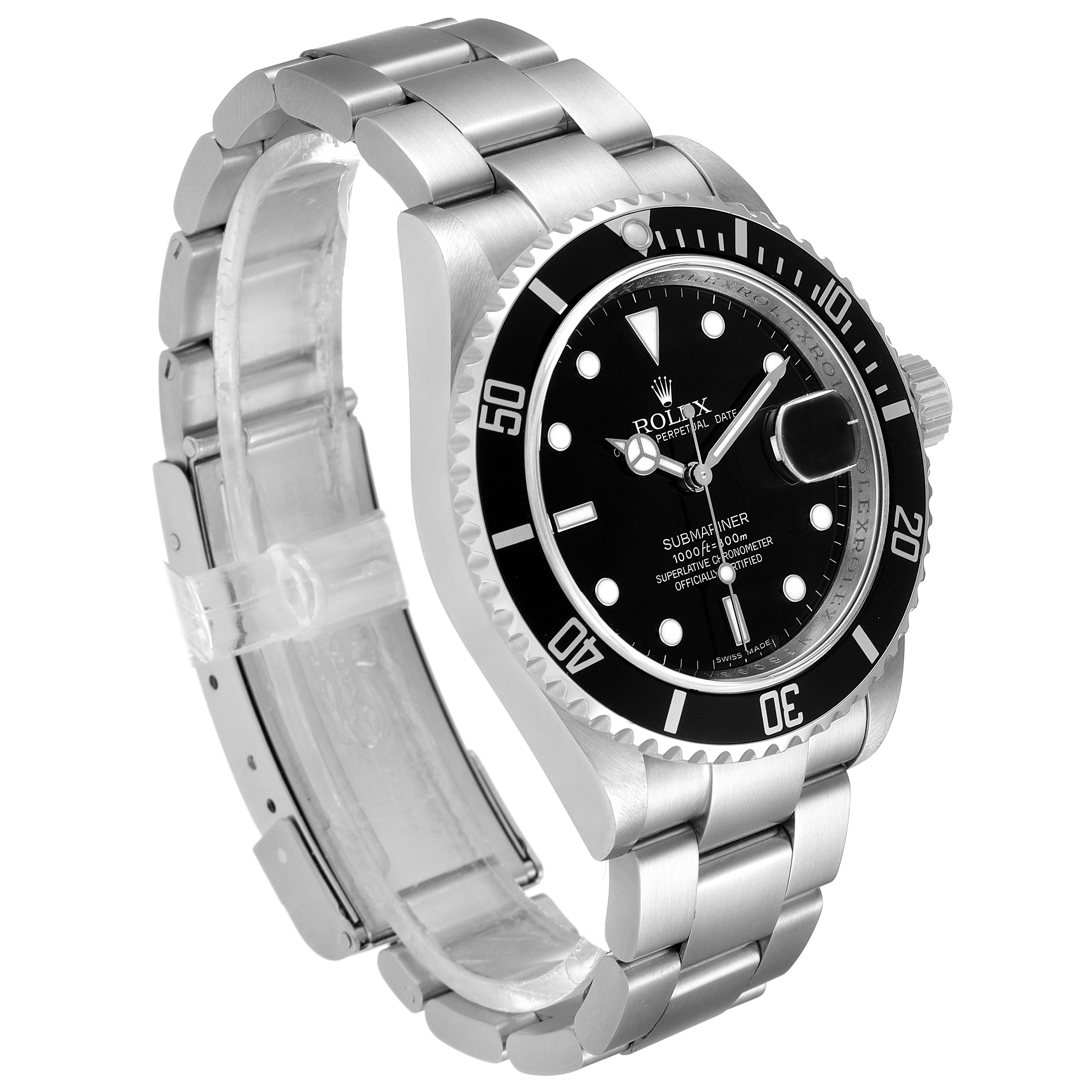 The image shows a Rolex Submariner 16610 Men
s Stainless Steel Black Dial 16610 Men
s Stainless Steel Black Dial watch from a slightly angled side view, focusing on the face, bezel, and bracelet.