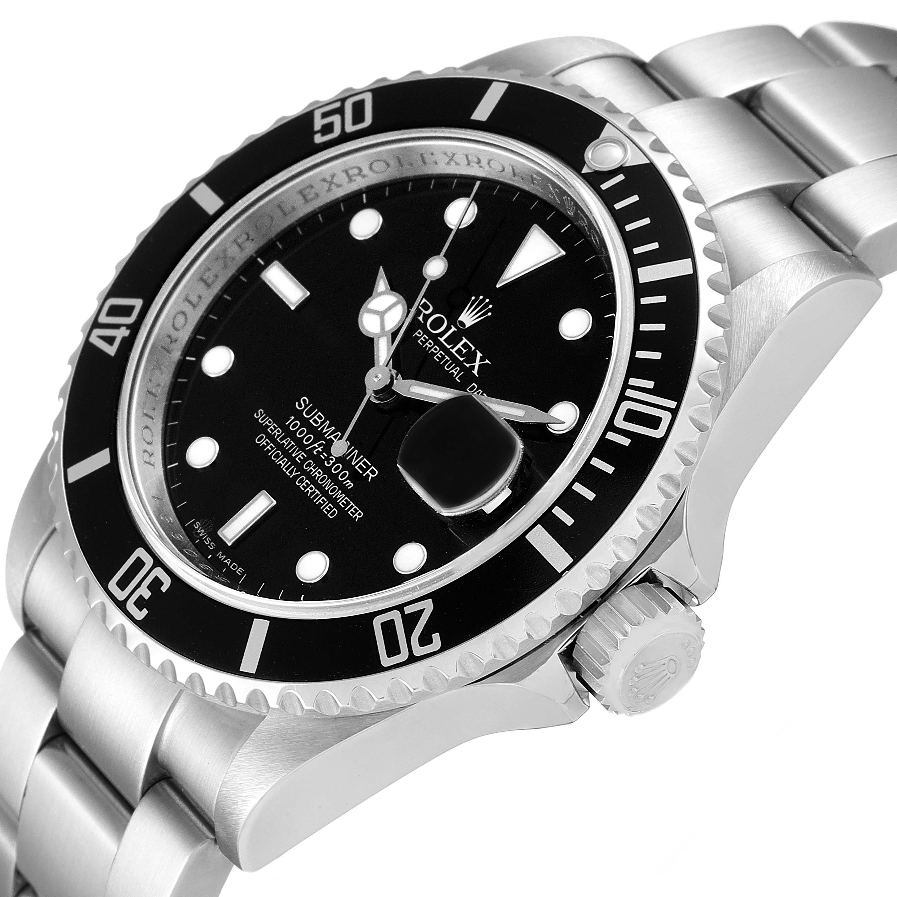 The image shows a close-up angle of the Rolex Submariner 16610 Men
s Stainless Steel Black Dial 16610 Men
s Stainless Steel Black Dial watch, focusing on the dial, bezel, bracelet, and crown.