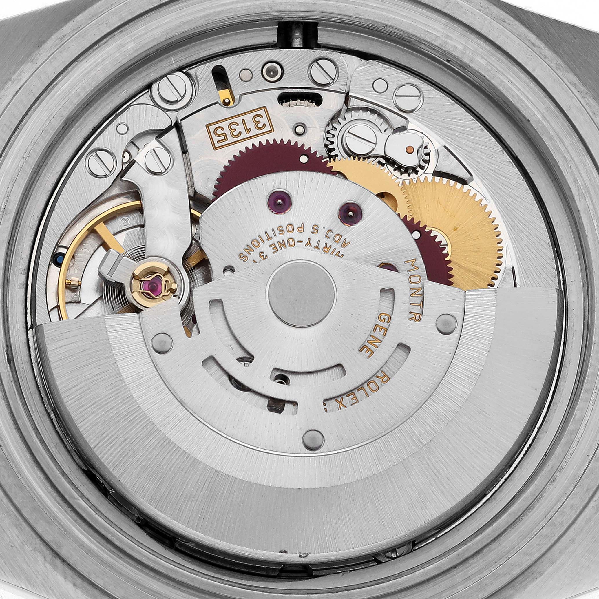 The image shows the movement mechanism of a Rolex Submariner 16613 Men's Steel and Gold (two tone) Blue Dial 16613 Men's Steel and Gold (two tone) Blue Dial, viewed from the back, highlighting its intricate components.