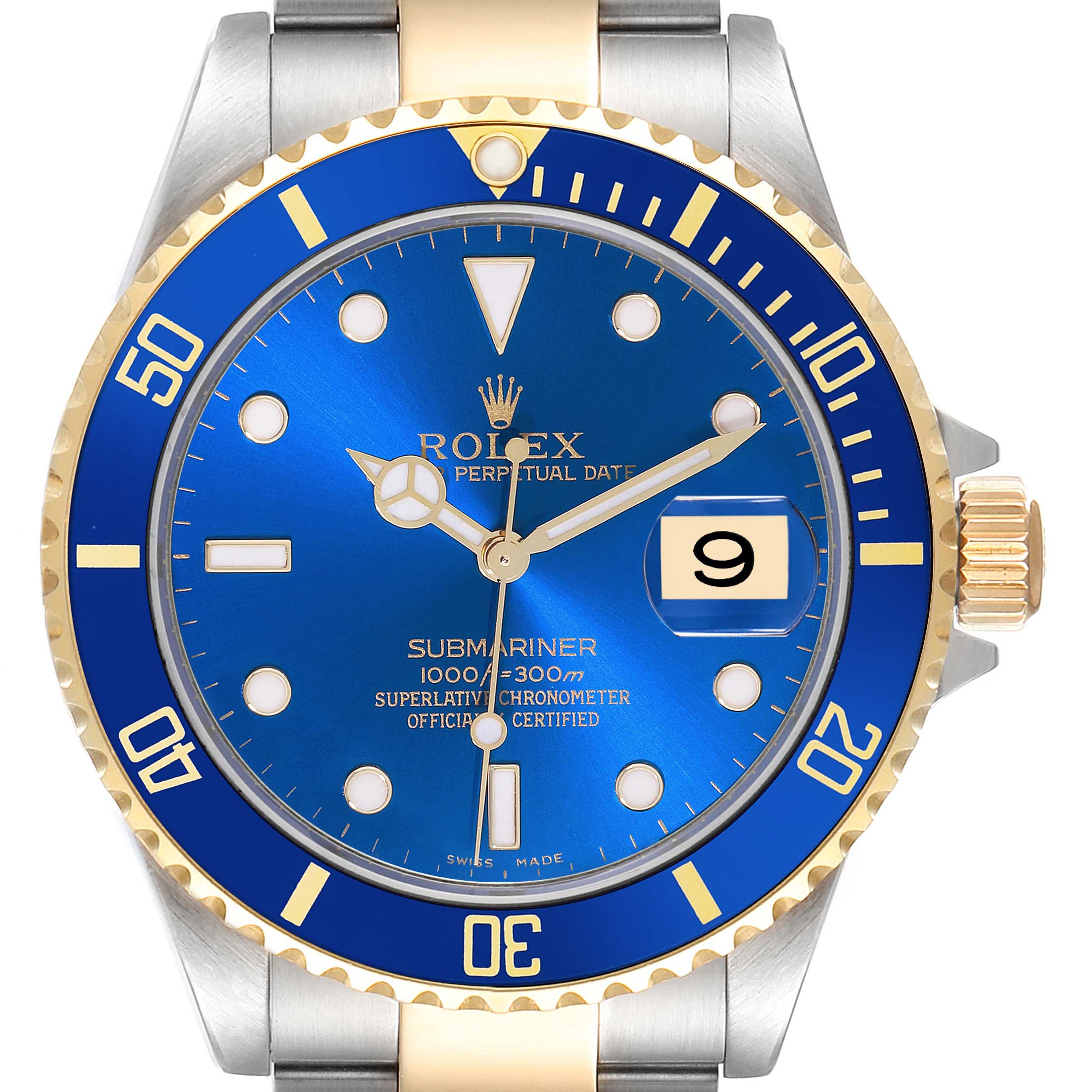 The Rolex Submariner 16613 Men's Steel and Gold (two tone) Blue Dial 16613 Men's Steel and Gold (two tone) Blue Dial watch is shown from the front, highlighting the blue dial, gold accents, and date feature.