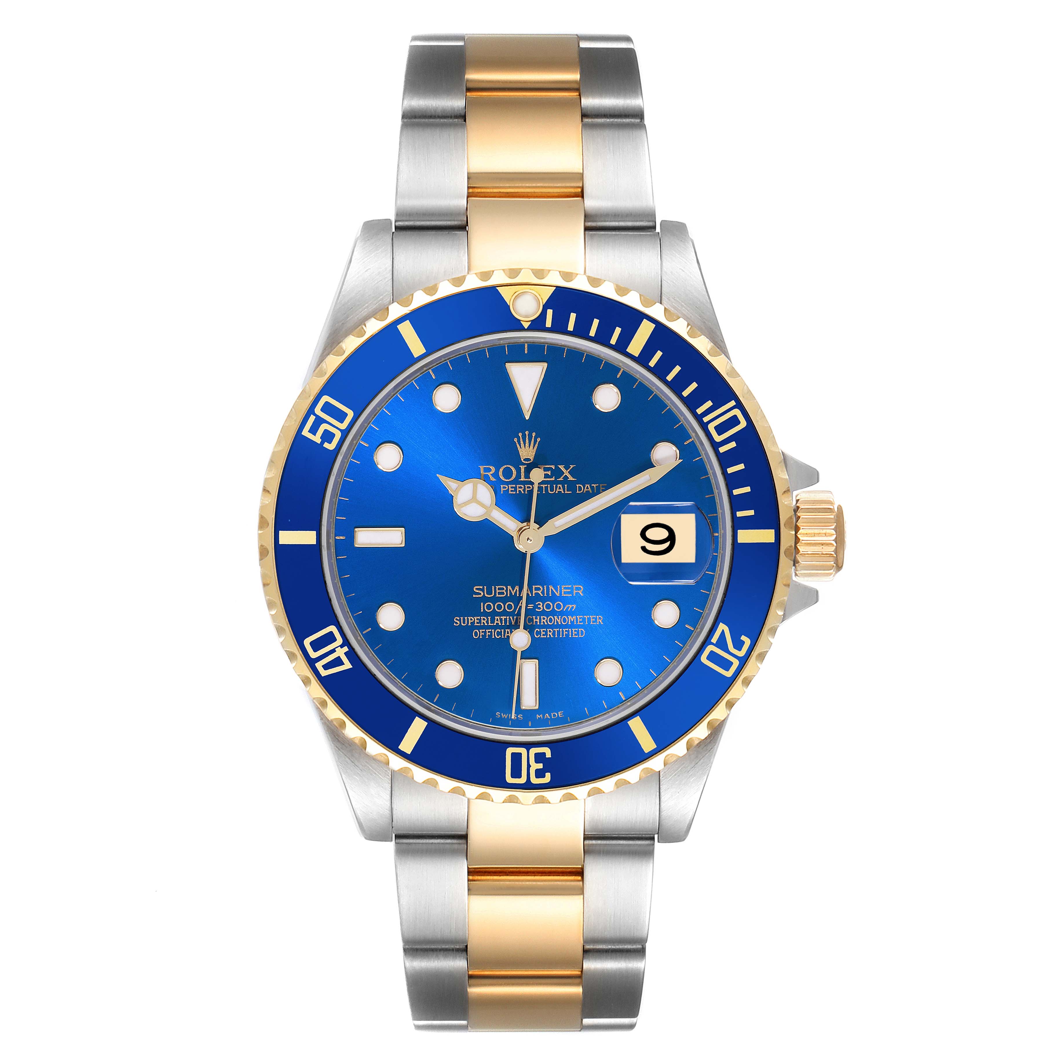 The Rolex Submariner 16613 Men's Steel and Gold (two tone) Blue Dial 16613 Men's Steel and Gold (two tone) Blue Dial is shown from the front, displaying the blue dial, bezel, and two-tone bracelet.
