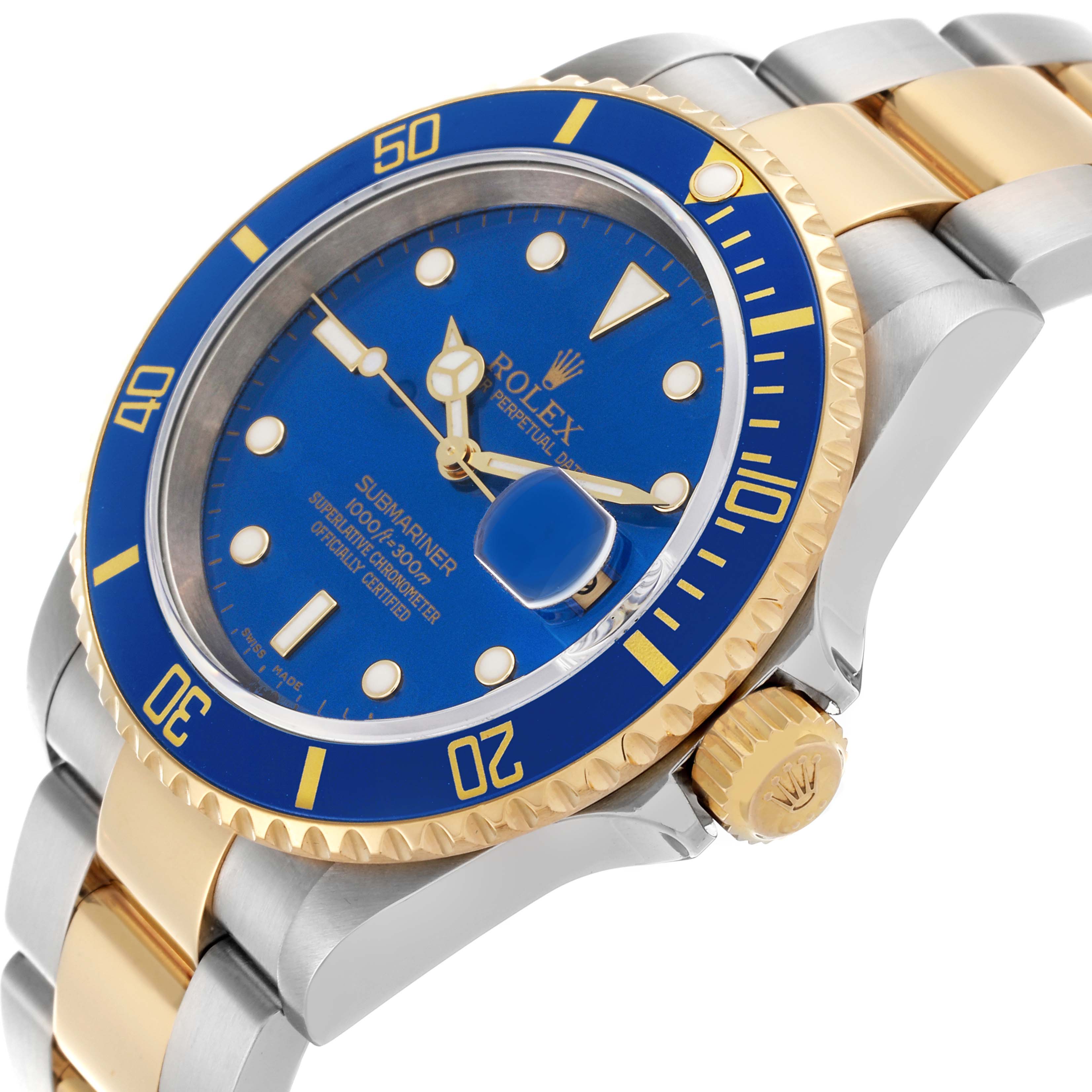 The Rolex Submariner 16613 Men's Steel and Gold (two tone) Blue Dial 16613 Men's Steel and Gold (two tone) Blue Dial watch is shown at an angled side view, highlighting the blue dial, bezel, and two-tone bracelet.