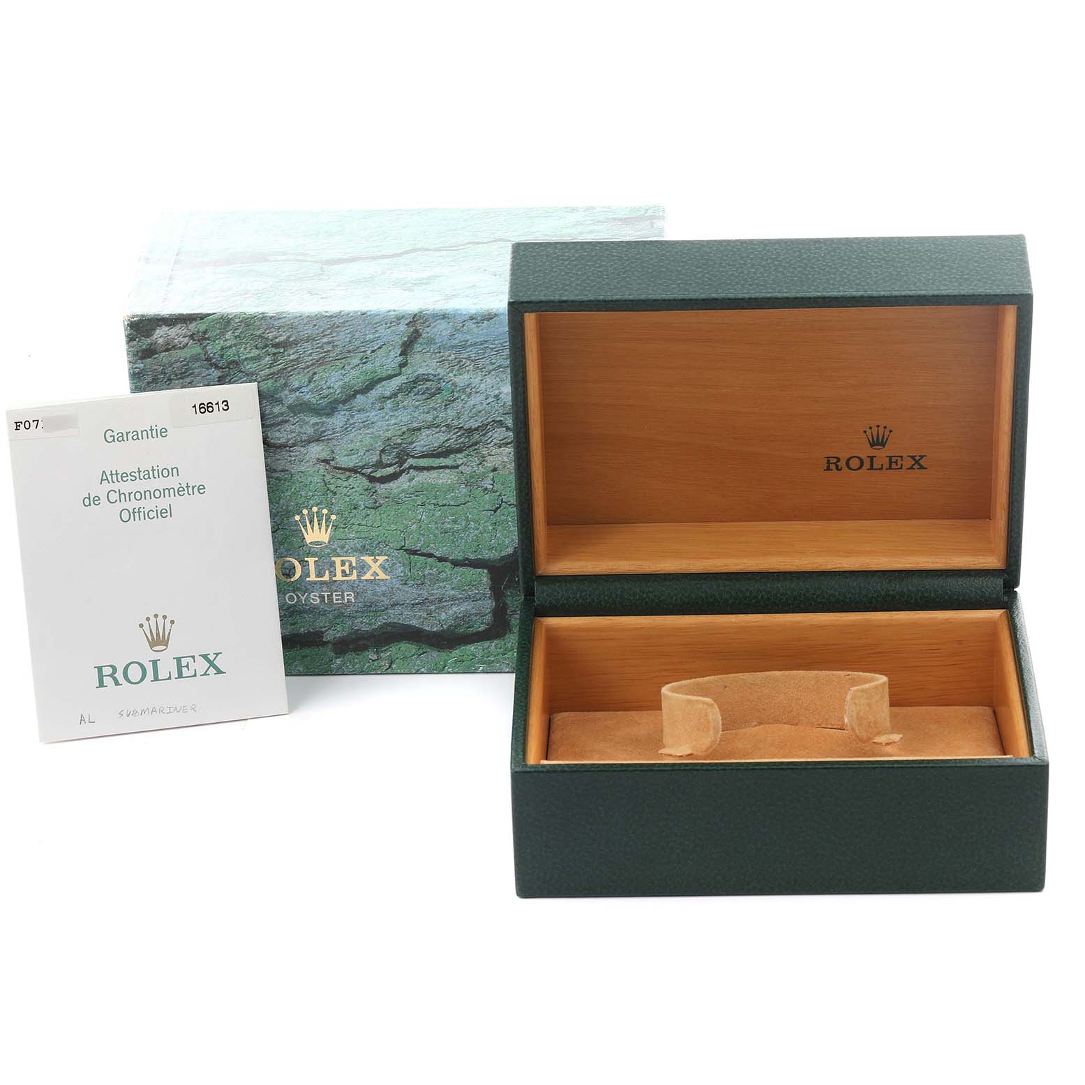 The image shows an open Rolex Submariner 16613 Men's Steel and Gold (two tone) Blue Dial 16613 Men's Steel and Gold (two tone) Blue Dial box, outer box, and authentication documents from a frontal angle.