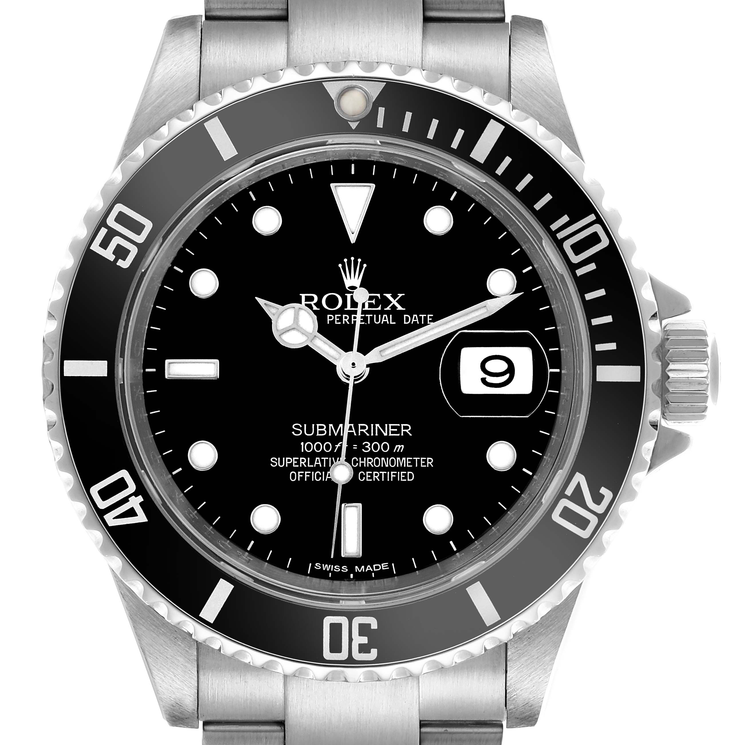 The Rolex Submariner 16610 Men
s Stainless Steel Black Dial 16610 Men
s Stainless Steel Black Dial watch is shown from the front, displaying the dial, bezel, and partial bracelet.
