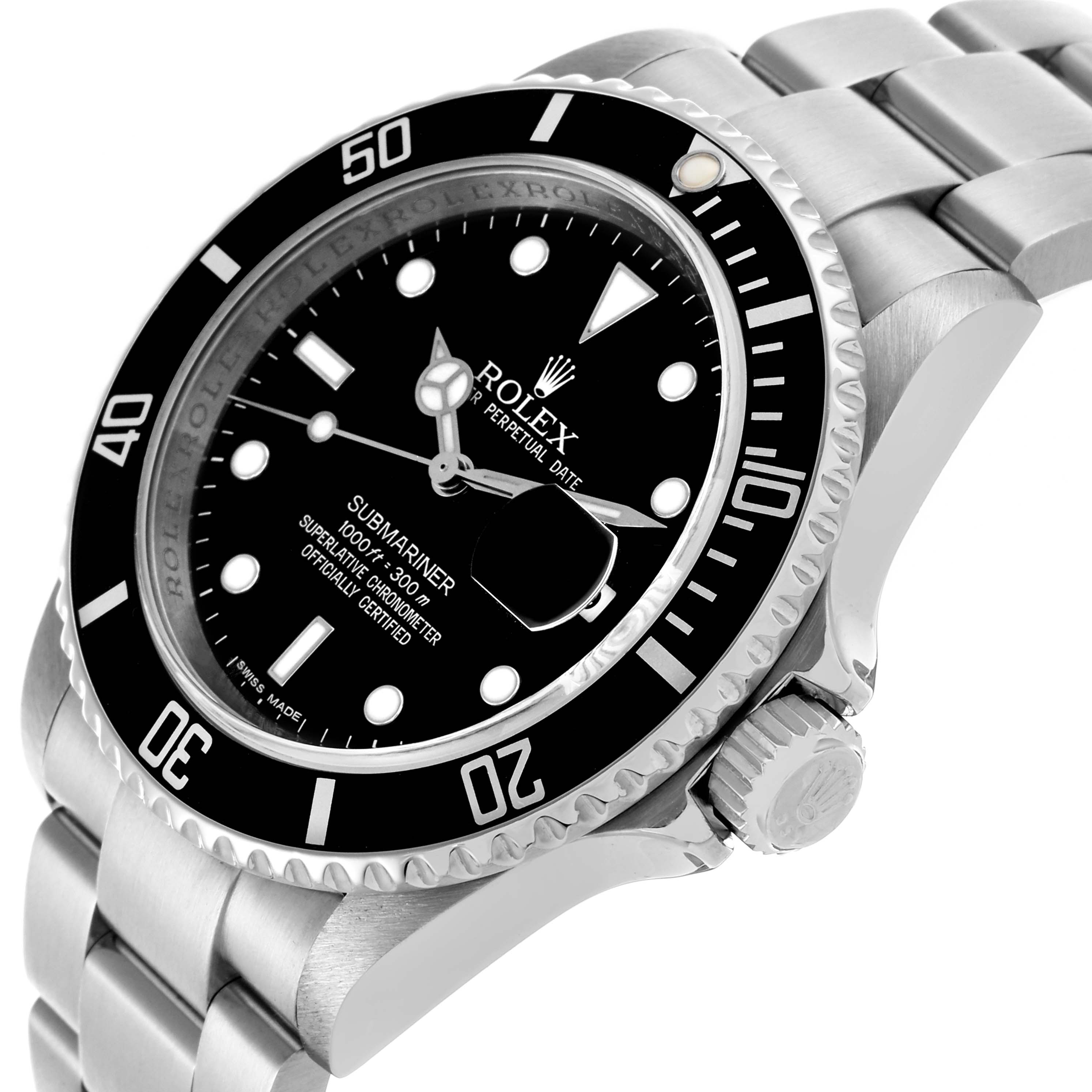 The Rolex Submariner 16610 Men
s Stainless Steel Black Dial 16610 Men
s Stainless Steel Black Dial watch is shown at an angle highlighting the bezel, dial, crown, and partially the bracelet.