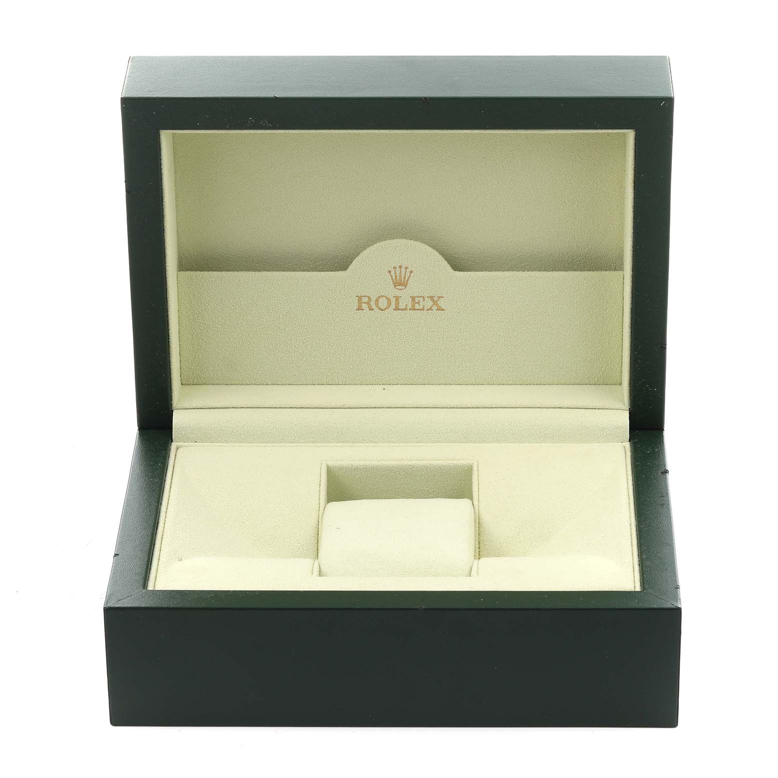 The image shows an open Rolex Submariner 16610 Men
s Stainless Steel Black Dial 16610 Men
s Stainless Steel Black Dial box, displaying its interior from a front angle.