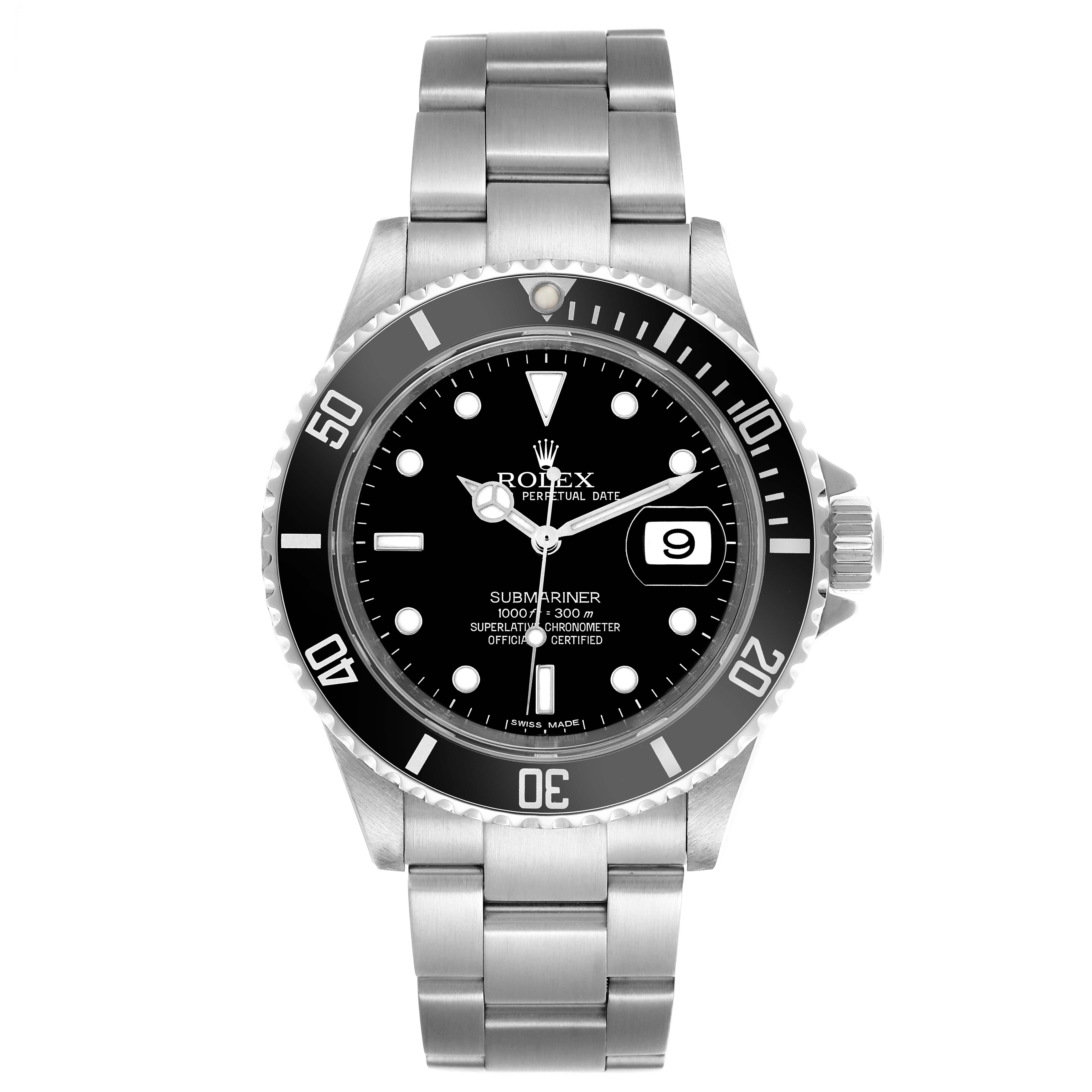 The image shows a front view of the Rolex Submariner 16610 Men
s Stainless Steel Black Dial 16610 Men
s Stainless Steel Black Dial, showcasing the dial, bezel, and stainless steel bracelet.