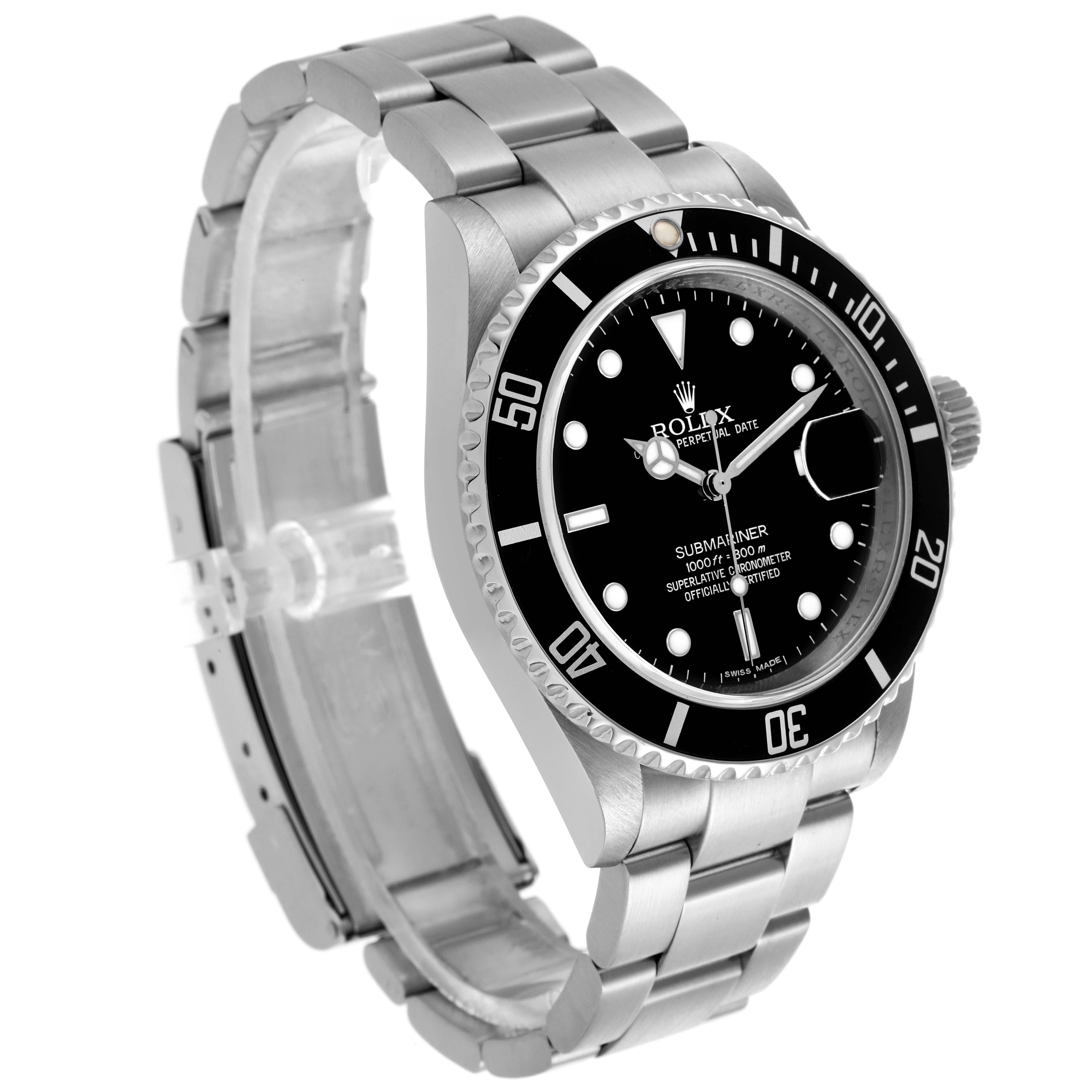 The Rolex Submariner 16610 Men
s Stainless Steel Black Dial 16610 Men
s Stainless Steel Black Dial watch is displayed at a three-quarter angle, showing the face, bezel, crown, and bracelet.