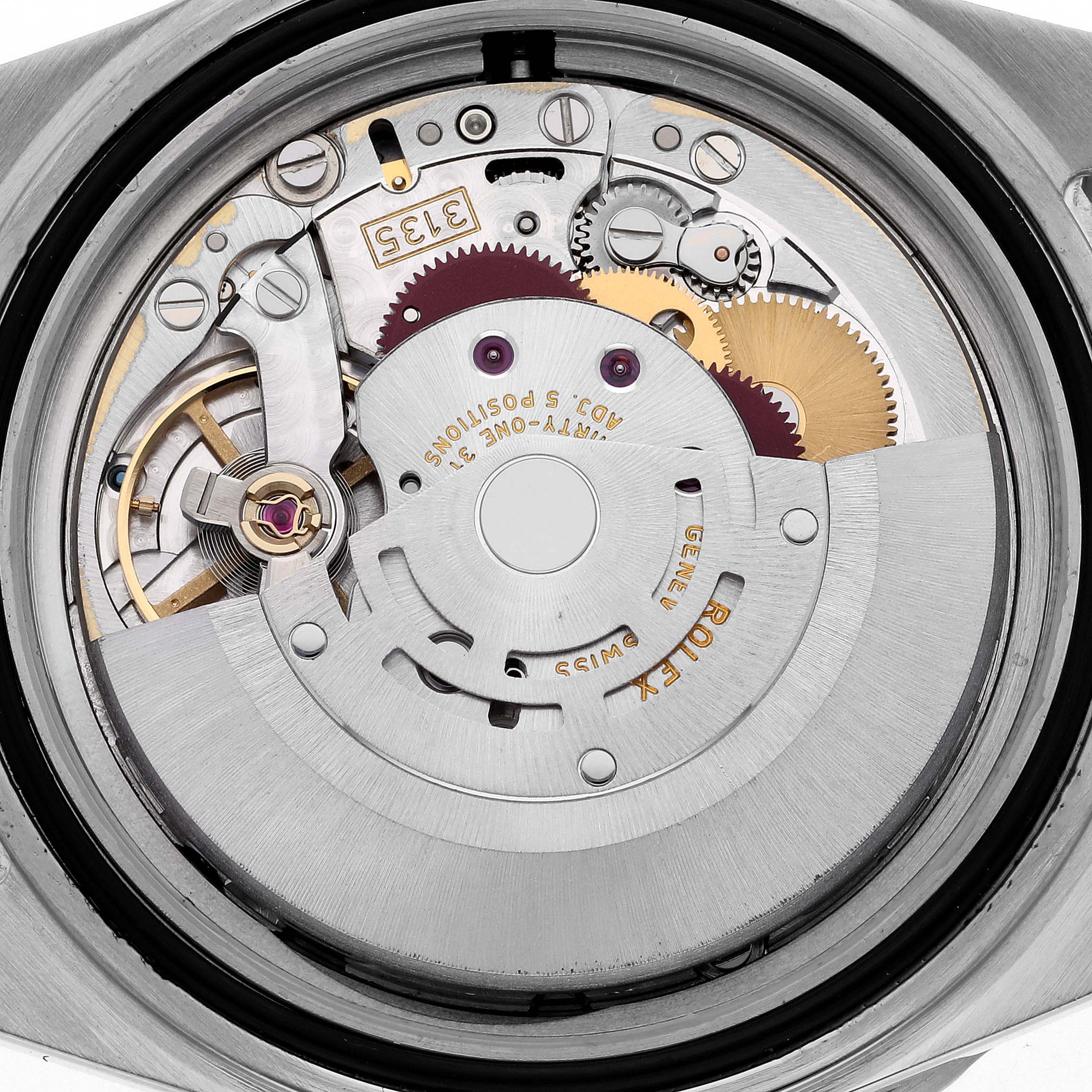 The image shows the internal movement mechanism of a Rolex Submariner 16610 Men
s Stainless Steel Black Dial 16610 Men
s Stainless Steel Black Dial watch from a back view.