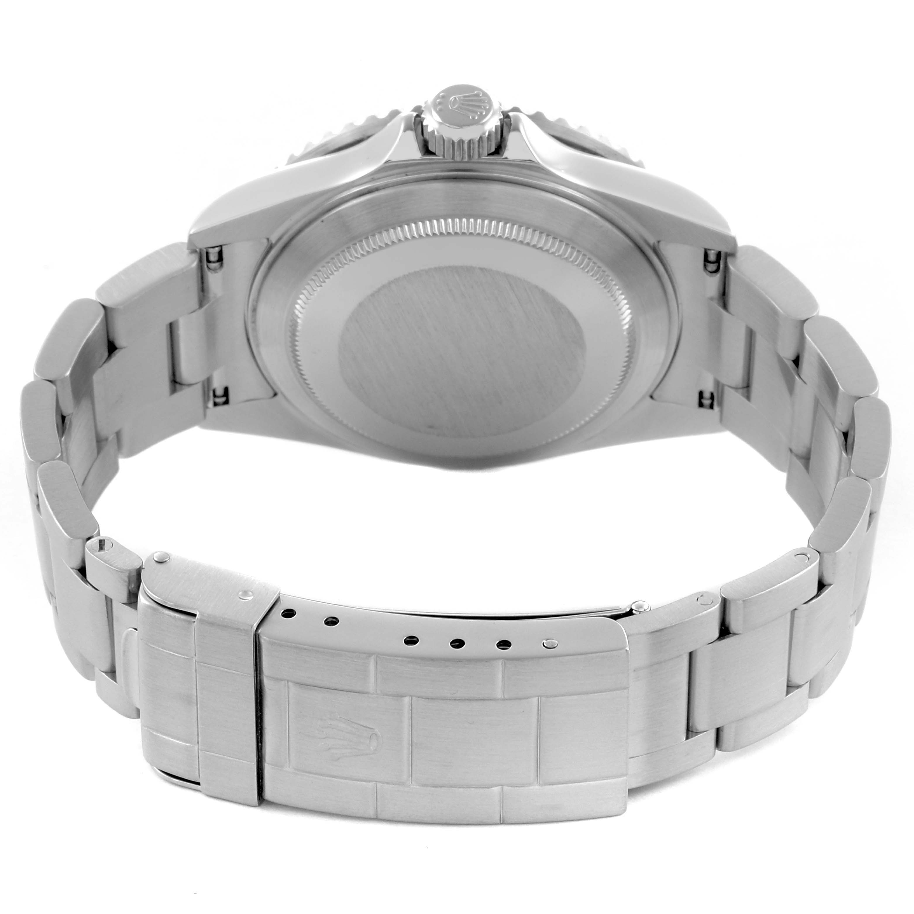 The image shows the back case and clasp of a Rolex Submariner 16610 Men
s Stainless Steel Black Dial 16610 Men
s Stainless Steel Black Dial watch from a rear angle.