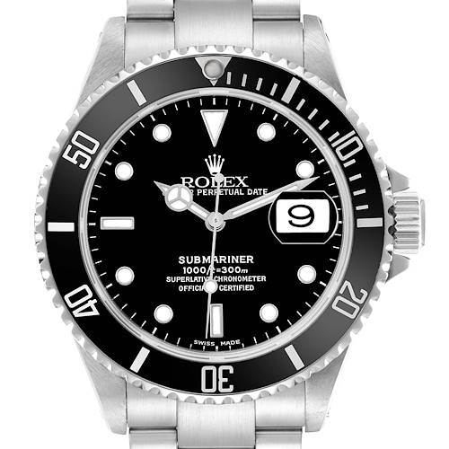 The image shows a front view of a Rolex Submariner 16610 Men's Stainless Steel Black Dial watch, displaying the dial, bezel, and part of the bracelet.