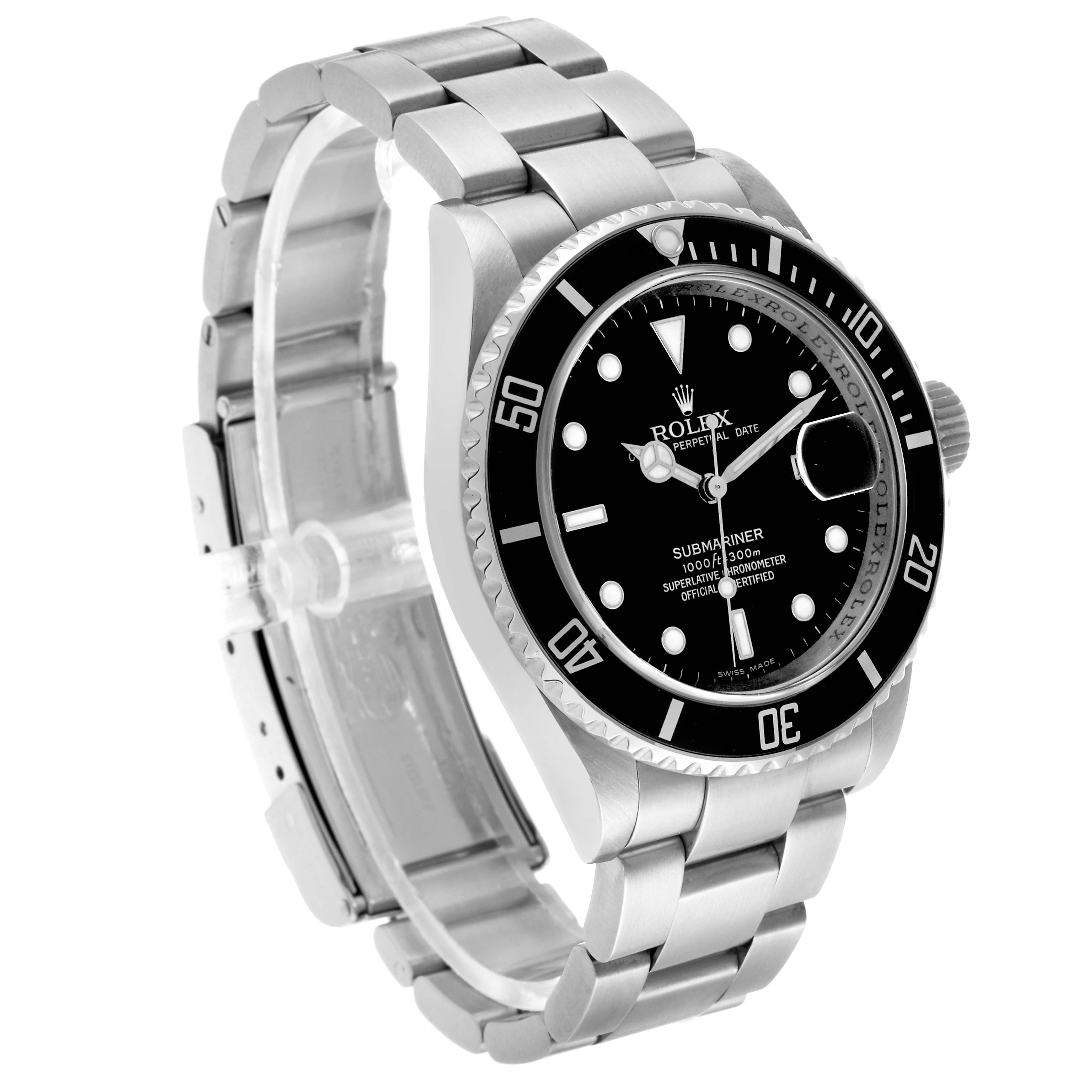 The image shows a Rolex Submariner 16610 Men's Stainless Steel Black Dial at a three-quarter angle, highlighting the watch face, bezel, and bracelet.
