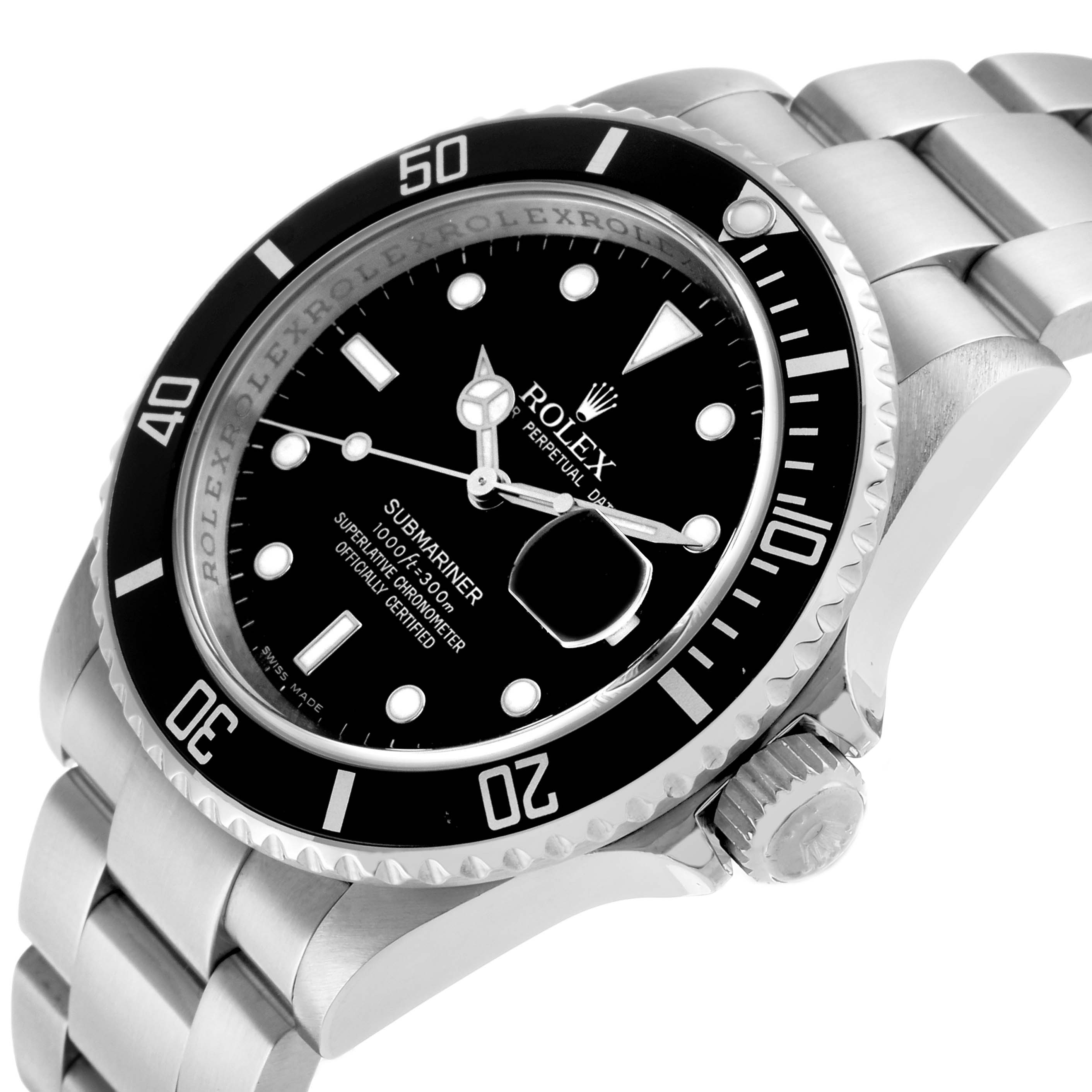 The image shows a Rolex Submariner 16610 Men's Stainless Steel Black Dial at a tilted angle highlighting the bezel, crown, and part of the bracelet.