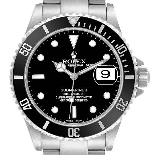 The image shows a front view of the Rolex Submariner 16610 Men's Stainless Steel Black Dial watch, displaying the dial, bezel, and part of the bracelet.