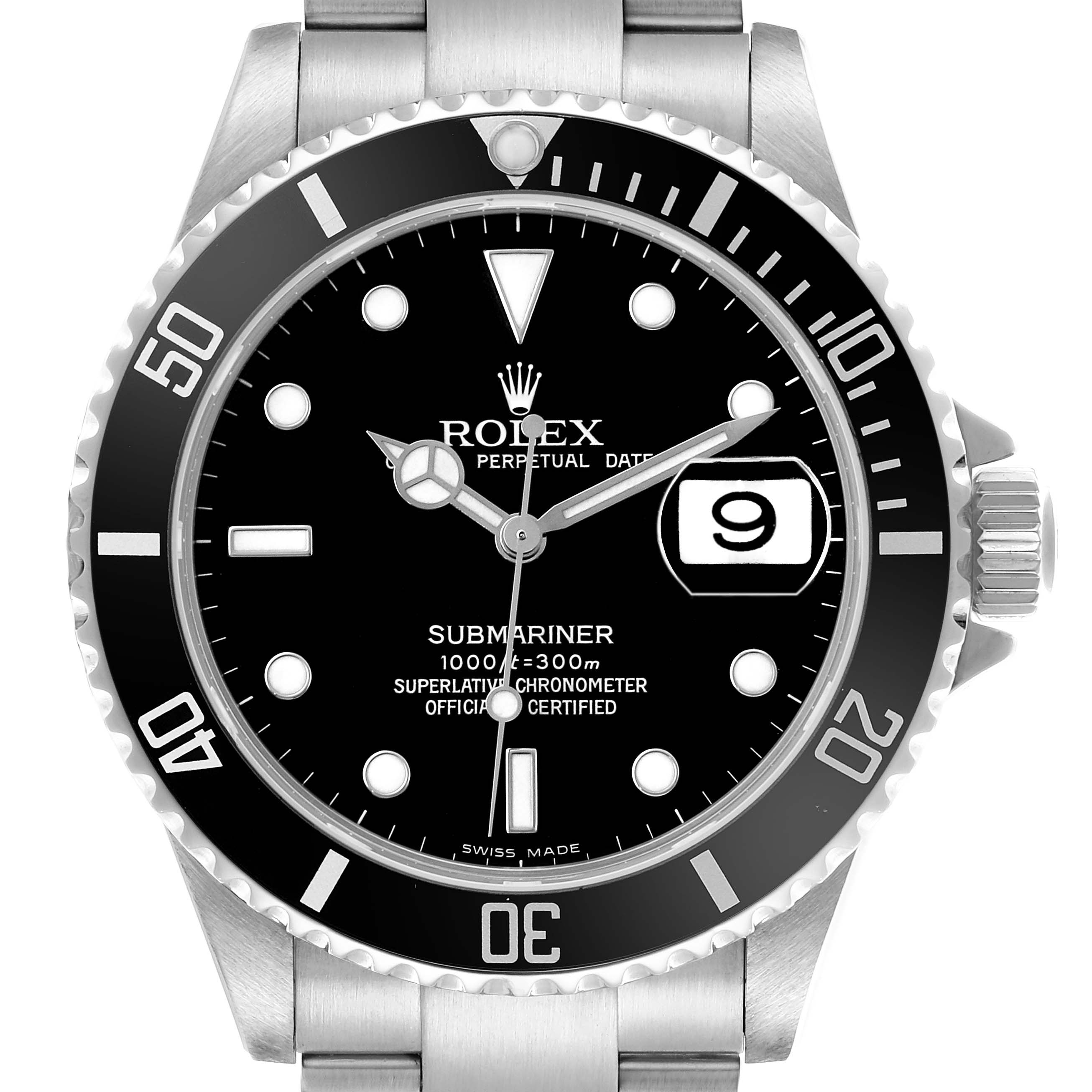 The watch is a Rolex Submariner 16610 Men's Stainless Steel Black Dial shown from the front, highlighting the dial, bezel, and part of the bracelet.