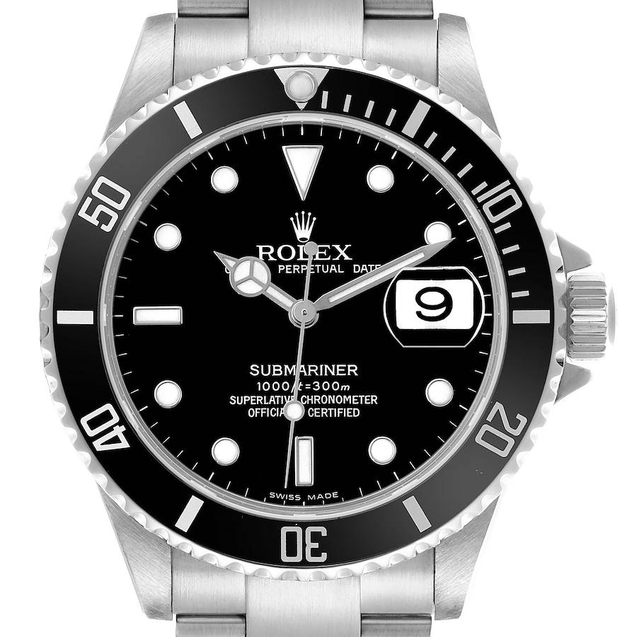 The watch is a Rolex Submariner 16610 Men's Stainless Steel Black Dial shown from the front, highlighting the dial, bezel, and part of the bracelet.