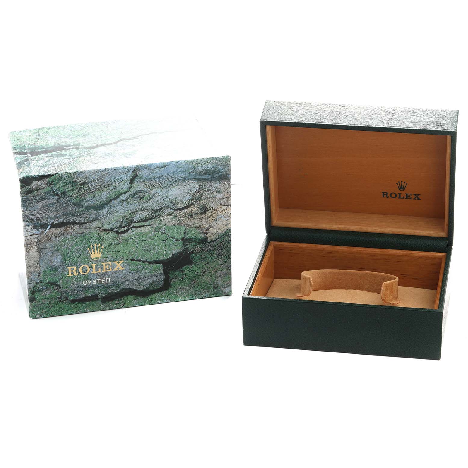 The image shows a Rolex Submariner 16610 Men's Stainless Steel Black Dial box and outer packaging, with the box open, revealing the interior space for the watch.