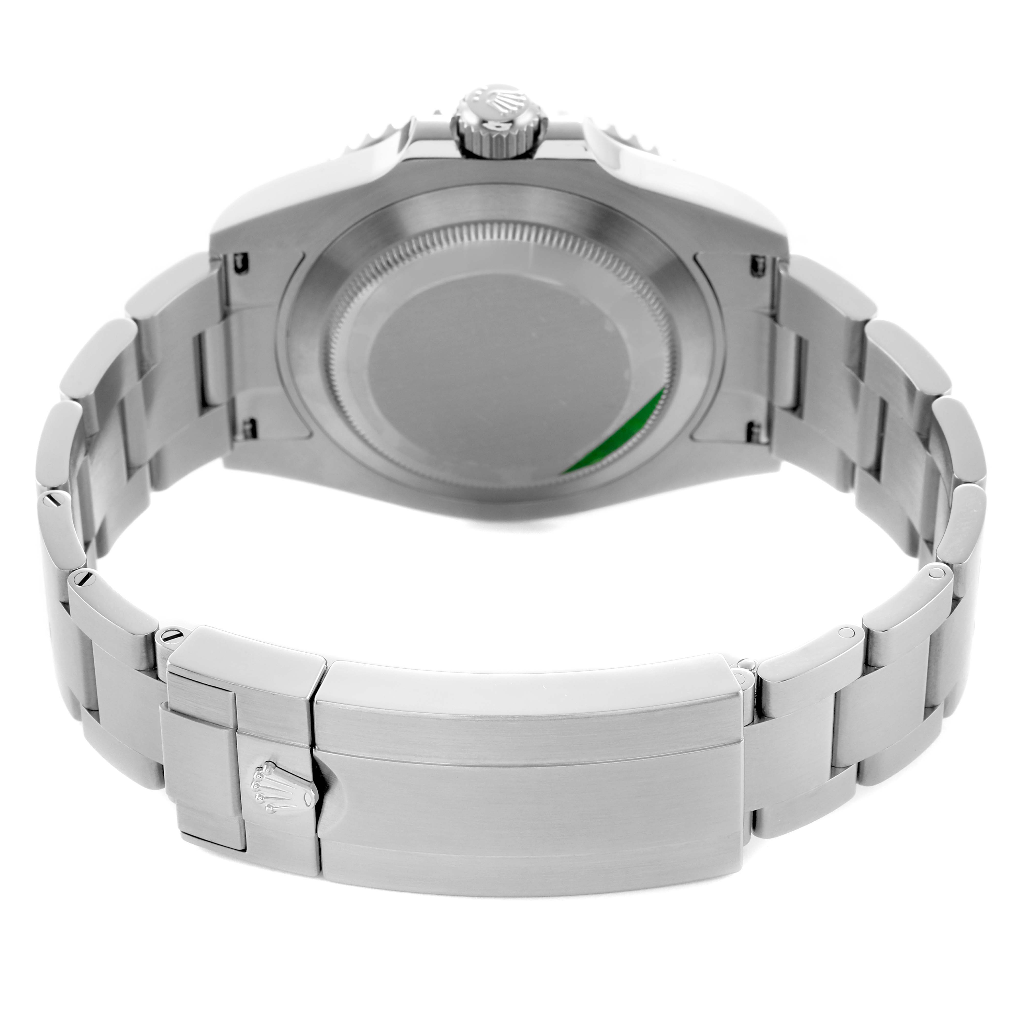 The image shows the case back and bracelet clasp of a Rolex Submariner 124060 Men's Stainless Steel Black Dial, viewed from the back.