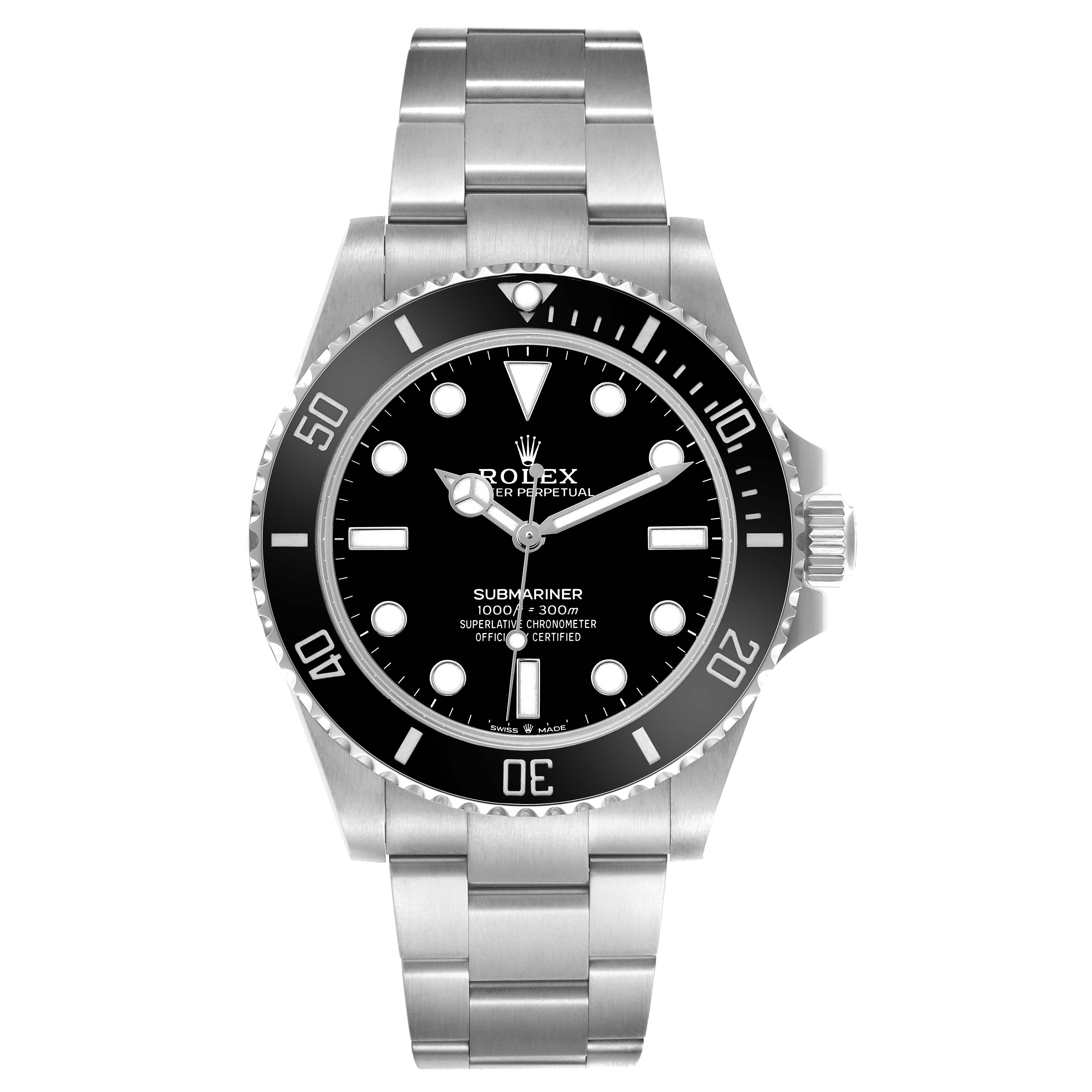 The image shows a front view of the Rolex Submariner 124060 Men's Stainless Steel Black Dial, highlighting the dial, bezel, and bracelet.