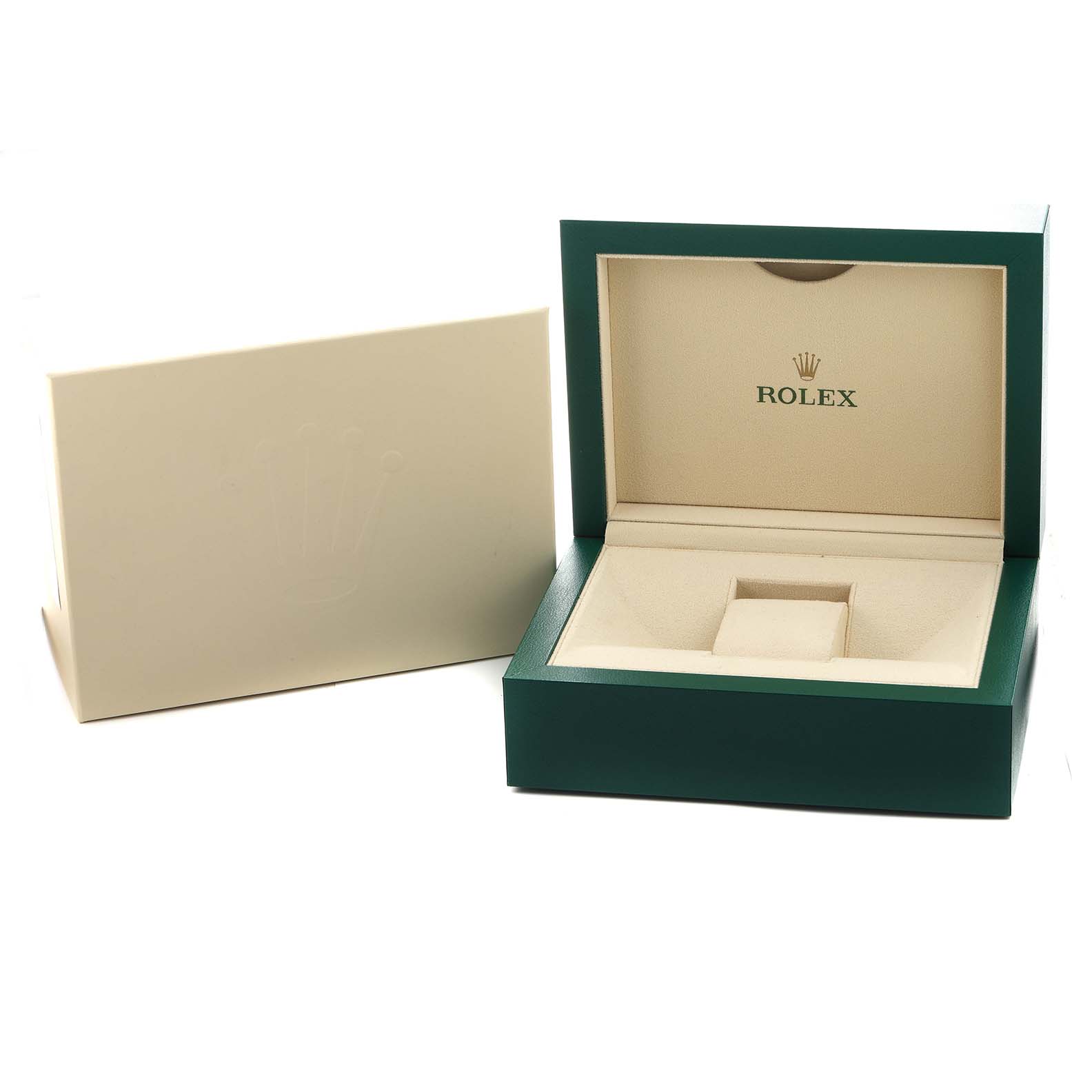 The image shows an empty Rolex Submariner 124060 Men's Stainless Steel Black Dial watch box and case at a straight-on angle.