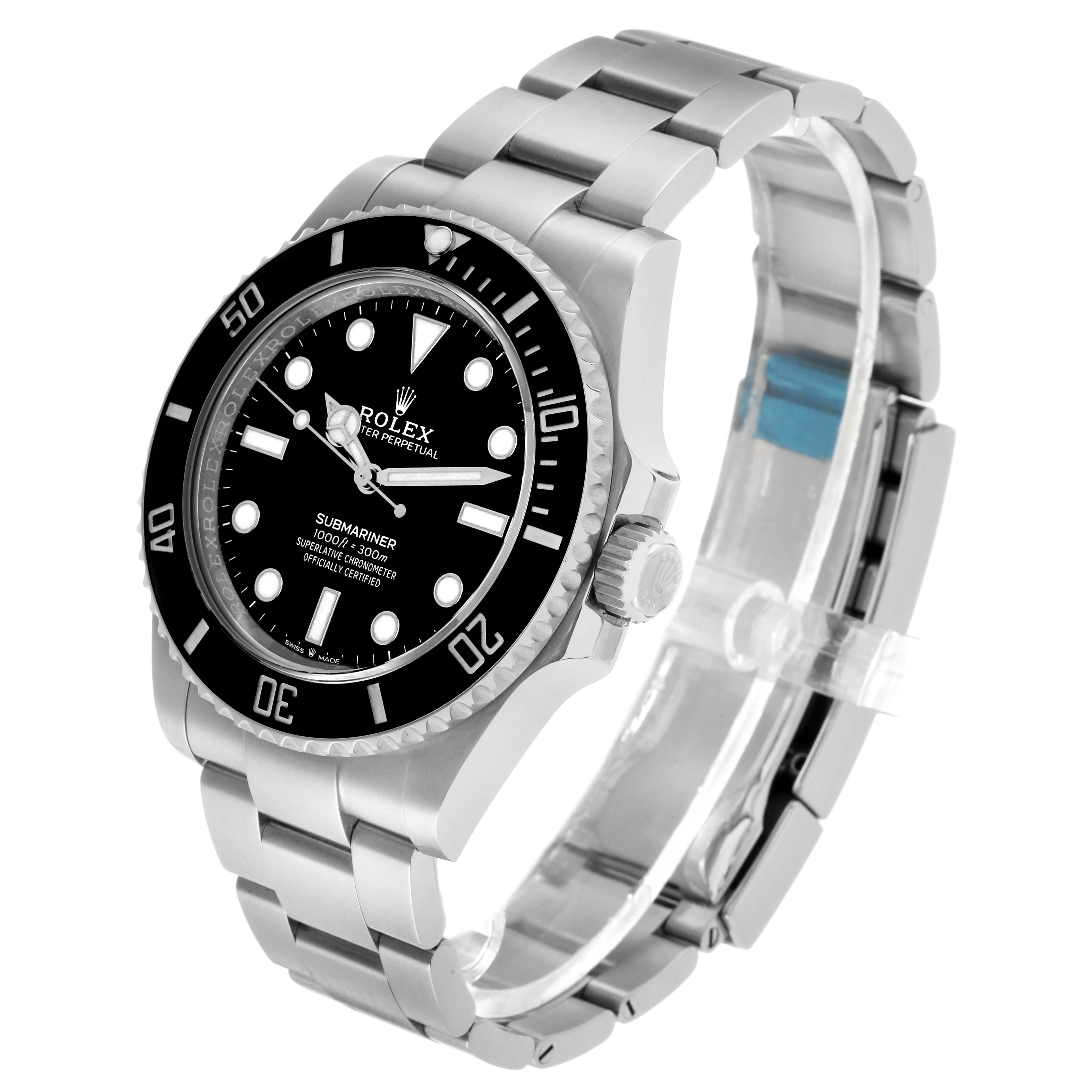 The Rolex Submariner 124060 Men's Stainless Steel Black Dial watch is shown at a side angle, highlighting the bracelet, bezel, and face with the logo and markings.
