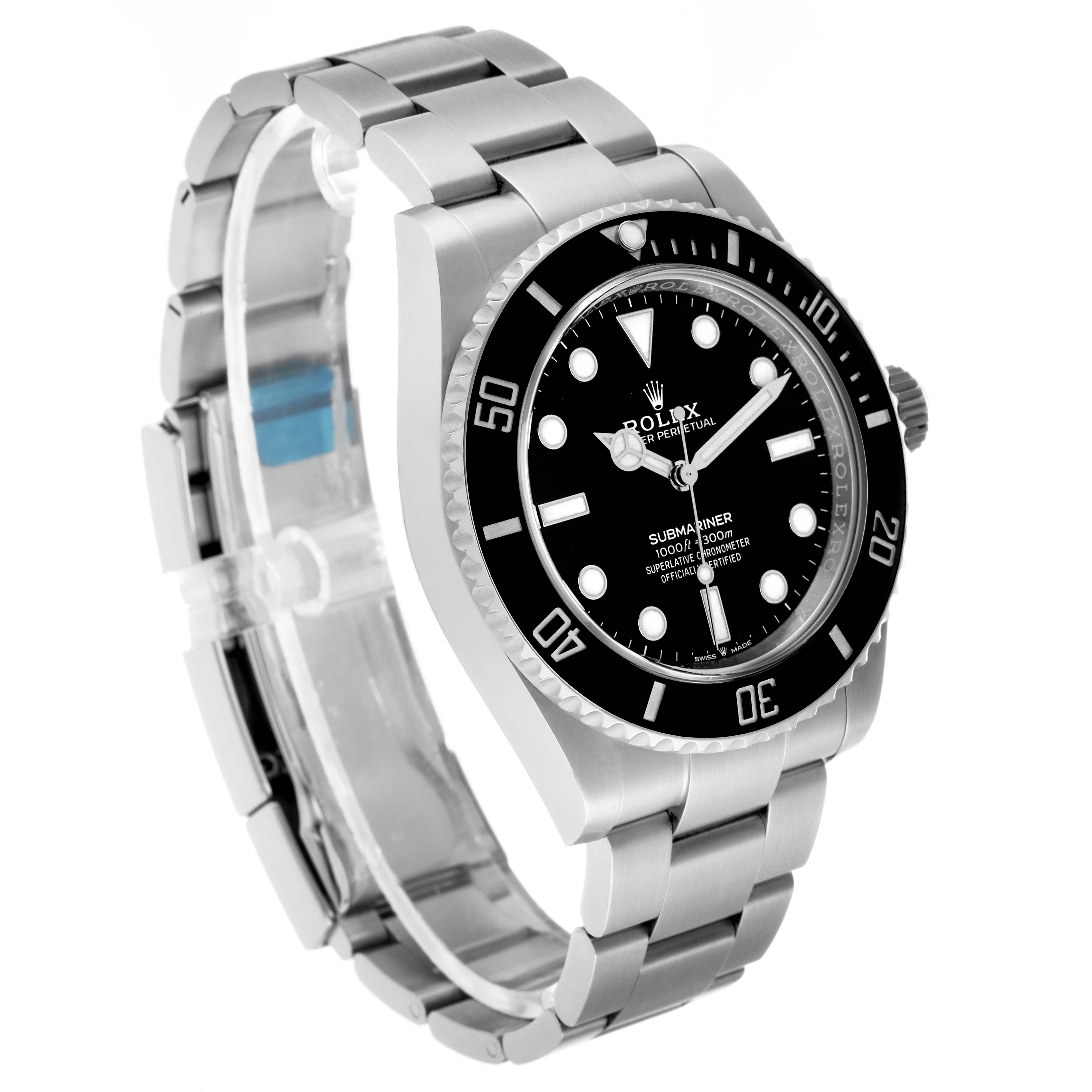 The Rolex Submariner 124060 Men's Stainless Steel Black Dial watch is shown at a three-quarter angle, displaying the face, bezel, crown, and bracelet.