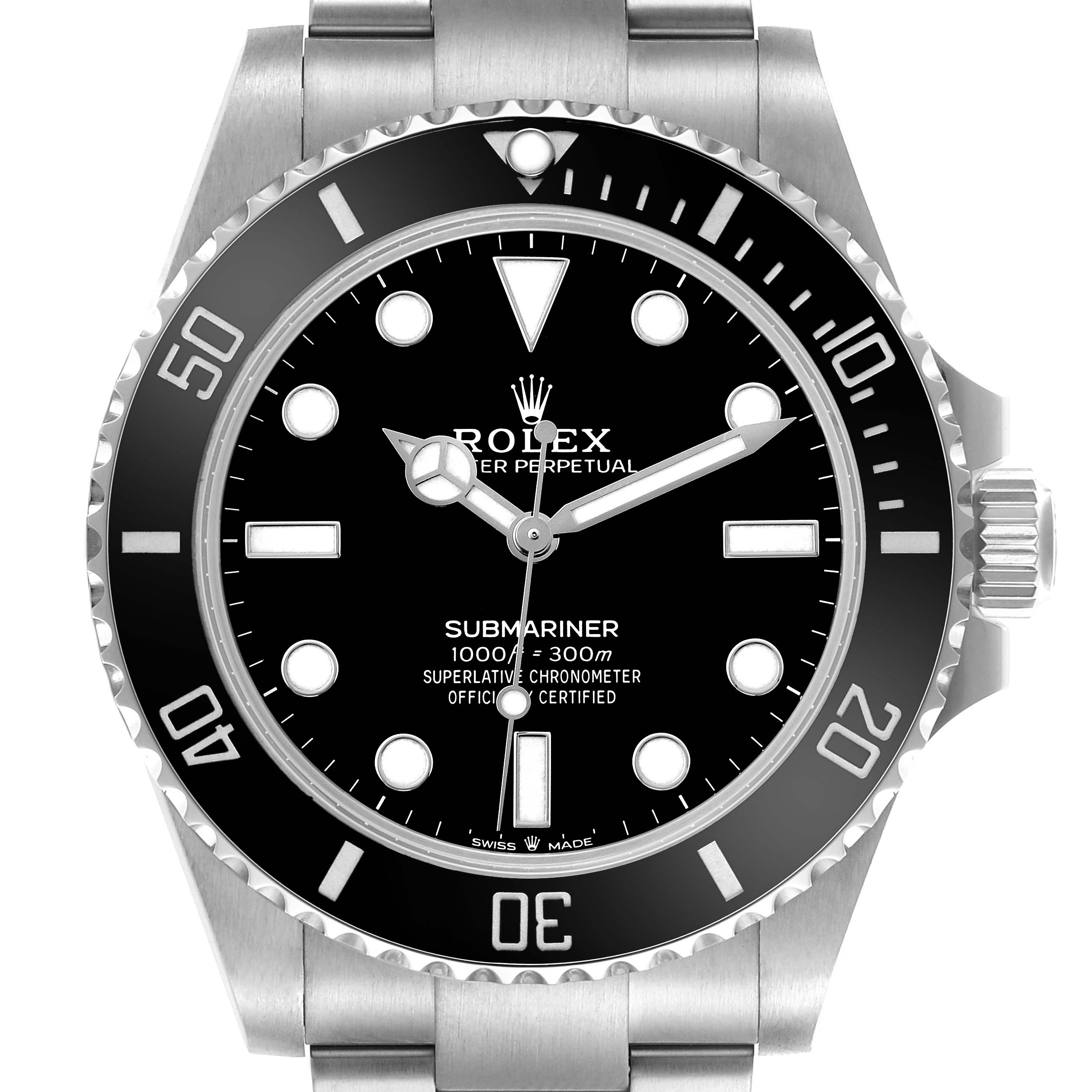 The Rolex Submariner 124060 Men's Stainless Steel Black Dial is shown from the front, highlighting the dial, bezel, crown, and a portion of the bracelet.