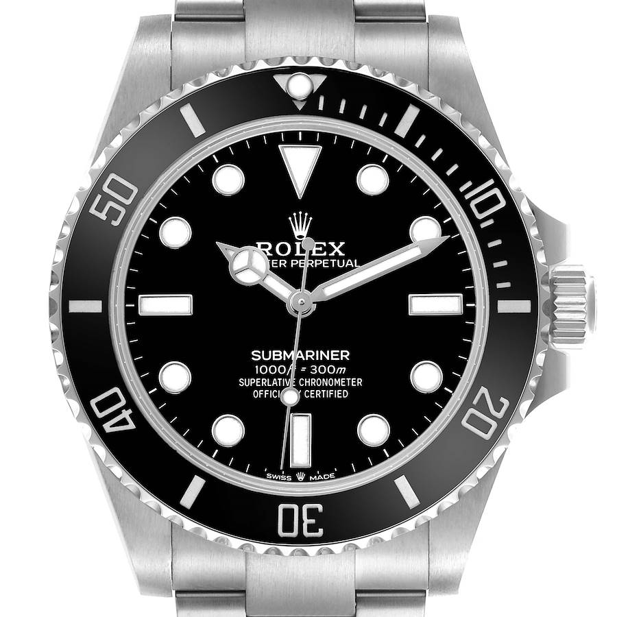 The Rolex Submariner 124060 Men's Stainless Steel Black Dial is shown from the front, highlighting the dial, bezel, crown, and a portion of the bracelet.