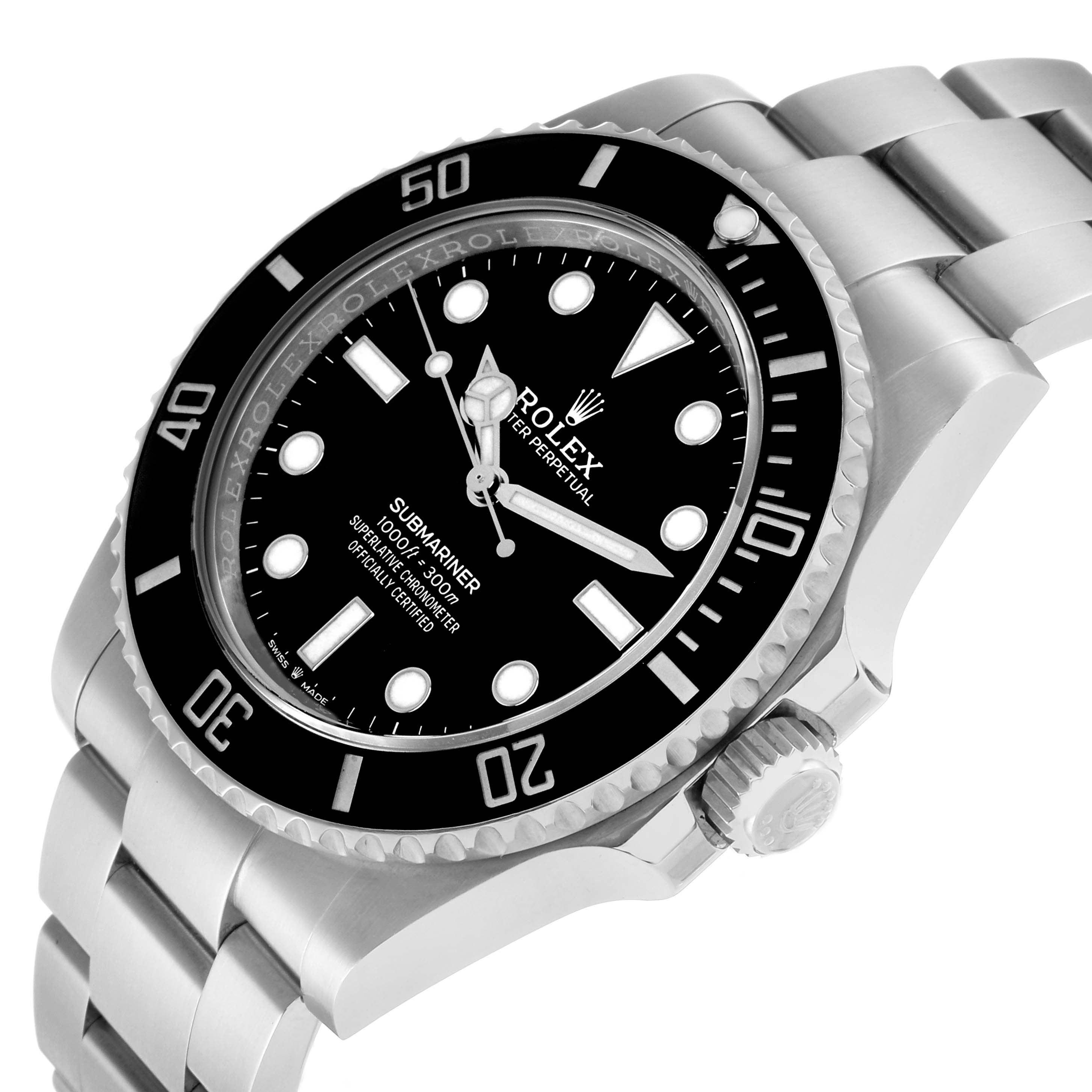 The Rolex Submariner 124060 Men's Stainless Steel Black Dial is shown at an angled close-up, highlighting the dial, bezel, crown, and part of the bracelet.