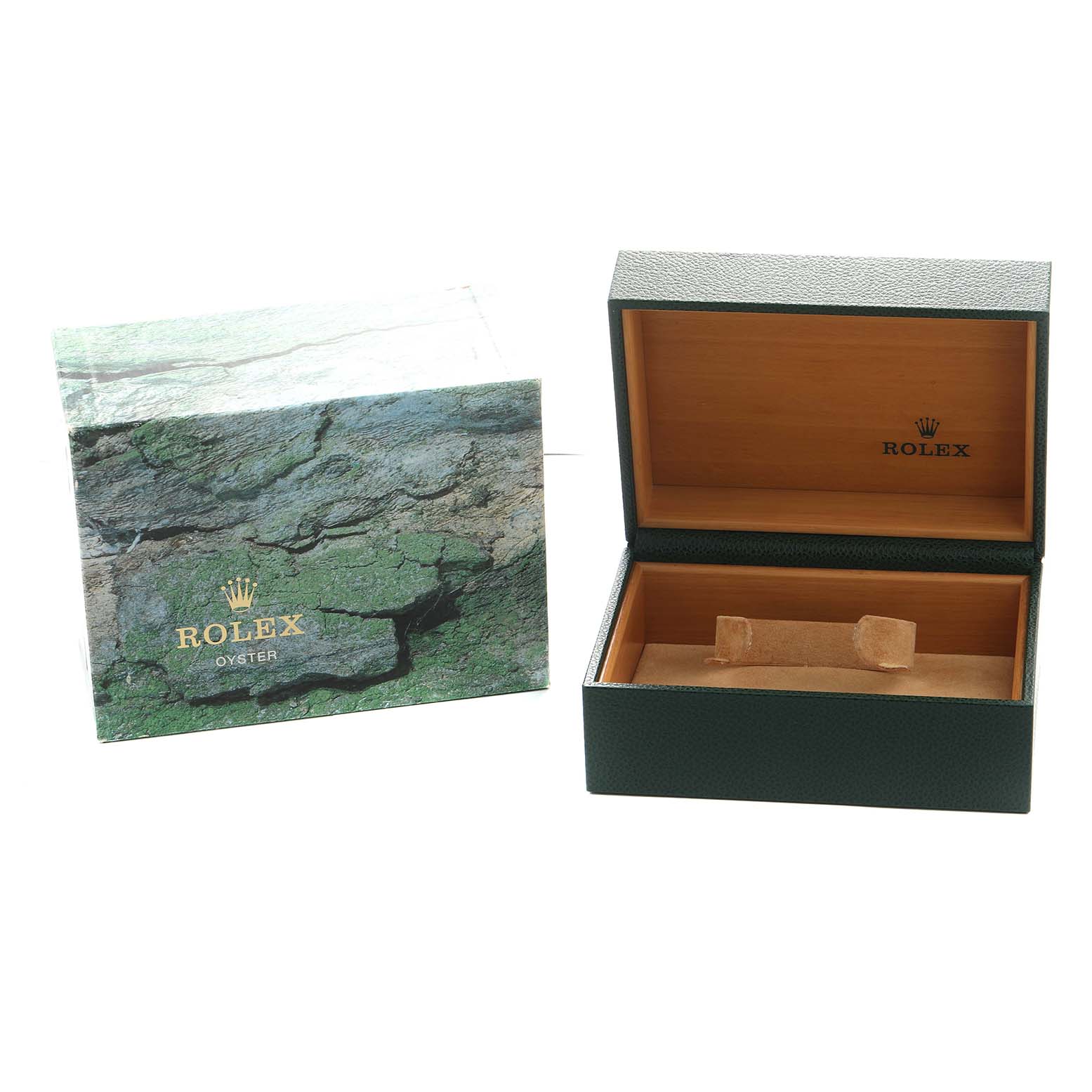 The image shows an open Rolex Submariner 16613 Men's Steel and Gold (two tone) Champagne Dial box with a green textured cover and a separate outer box with the Rolex logo.