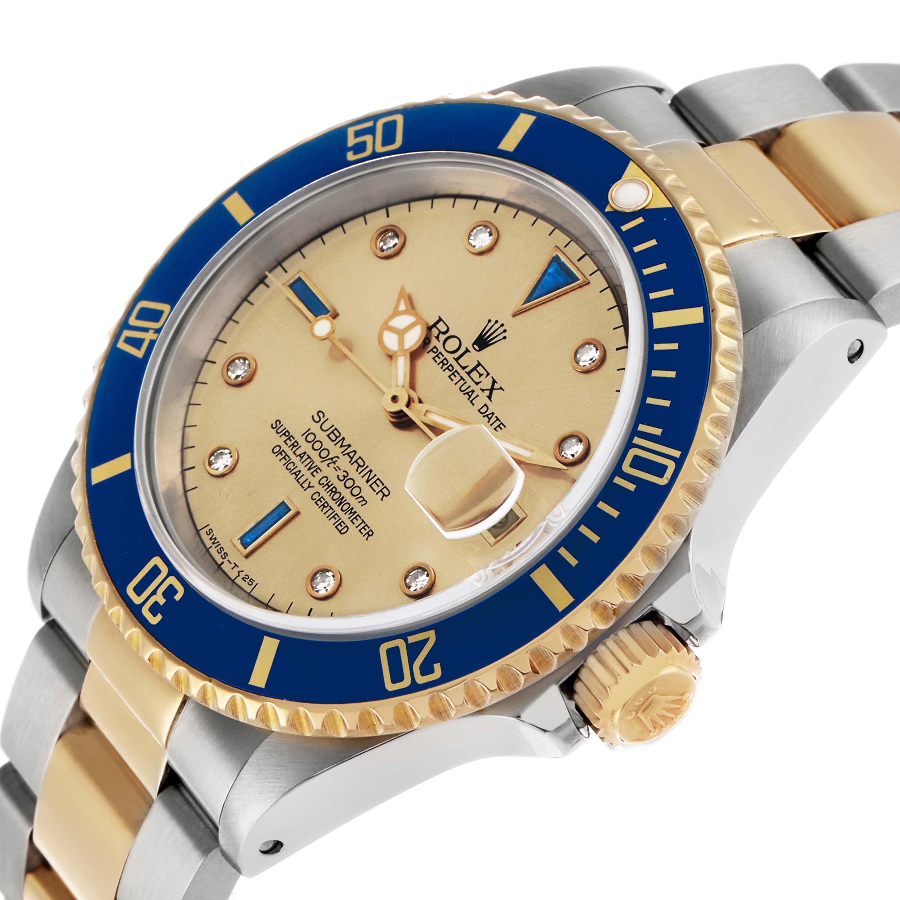 The Rolex Submariner 16613 Men's Steel and Gold (two tone) Champagne Dial is shown at a slight side angle, highlighting the blue and gold bezel, champagne dial, and two-tone bracelet.