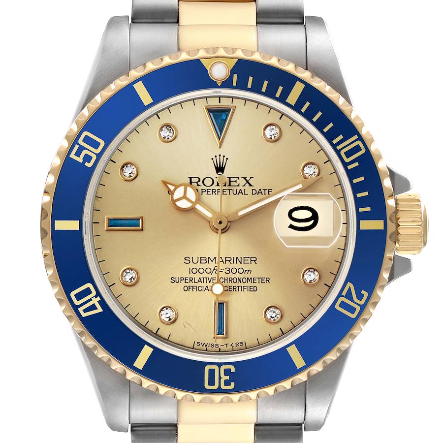 The image shows the Rolex Submariner 16613 Men's Steel and Gold (two tone) Champagne Dial watch face prominently from a straight-on angle, highlighting the bezel, crown, and dial details.