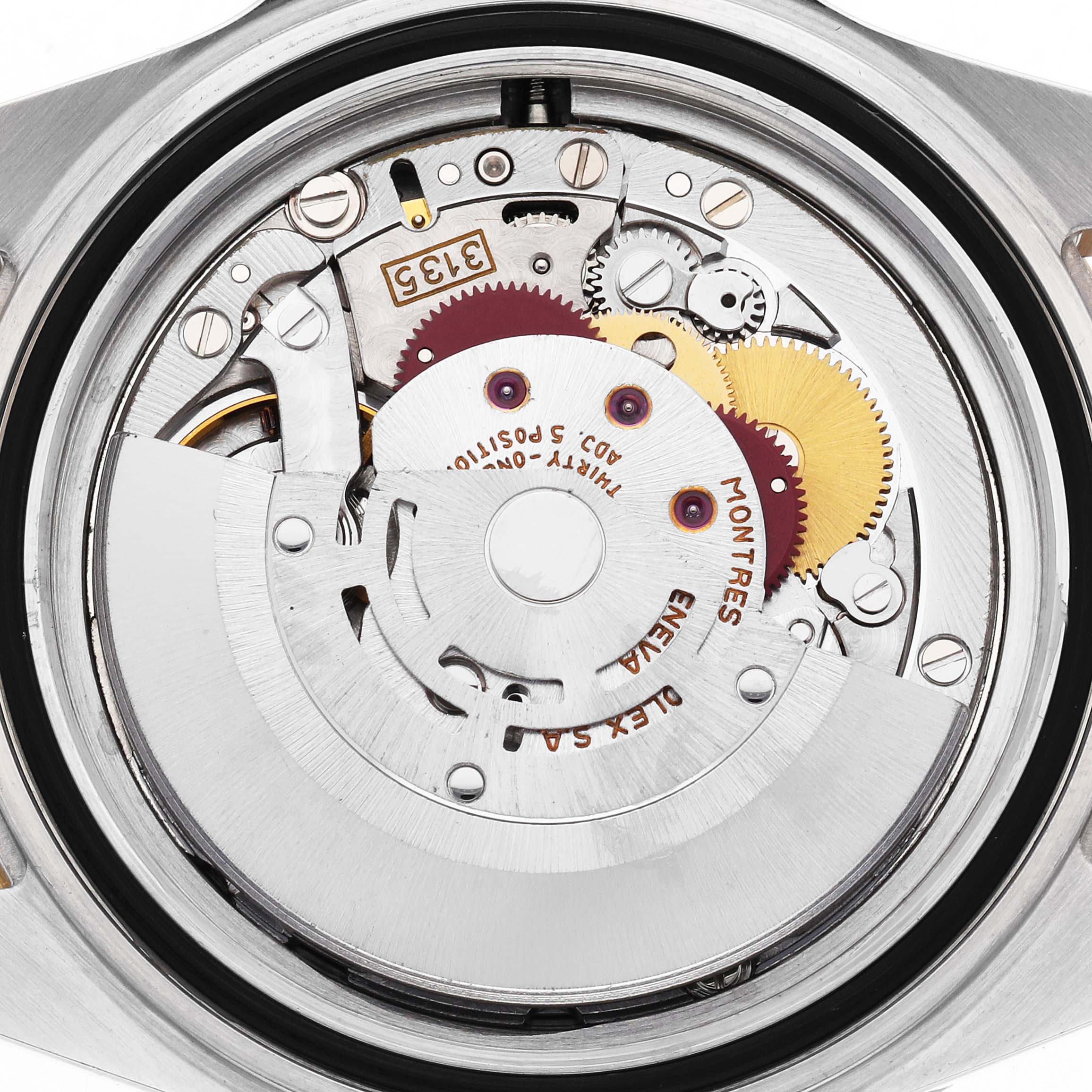 The image shows the back view of a Rolex Submariner 16613 Men's Steel and Gold (two tone) Champagne Dial, revealing its intricate internal movement components.