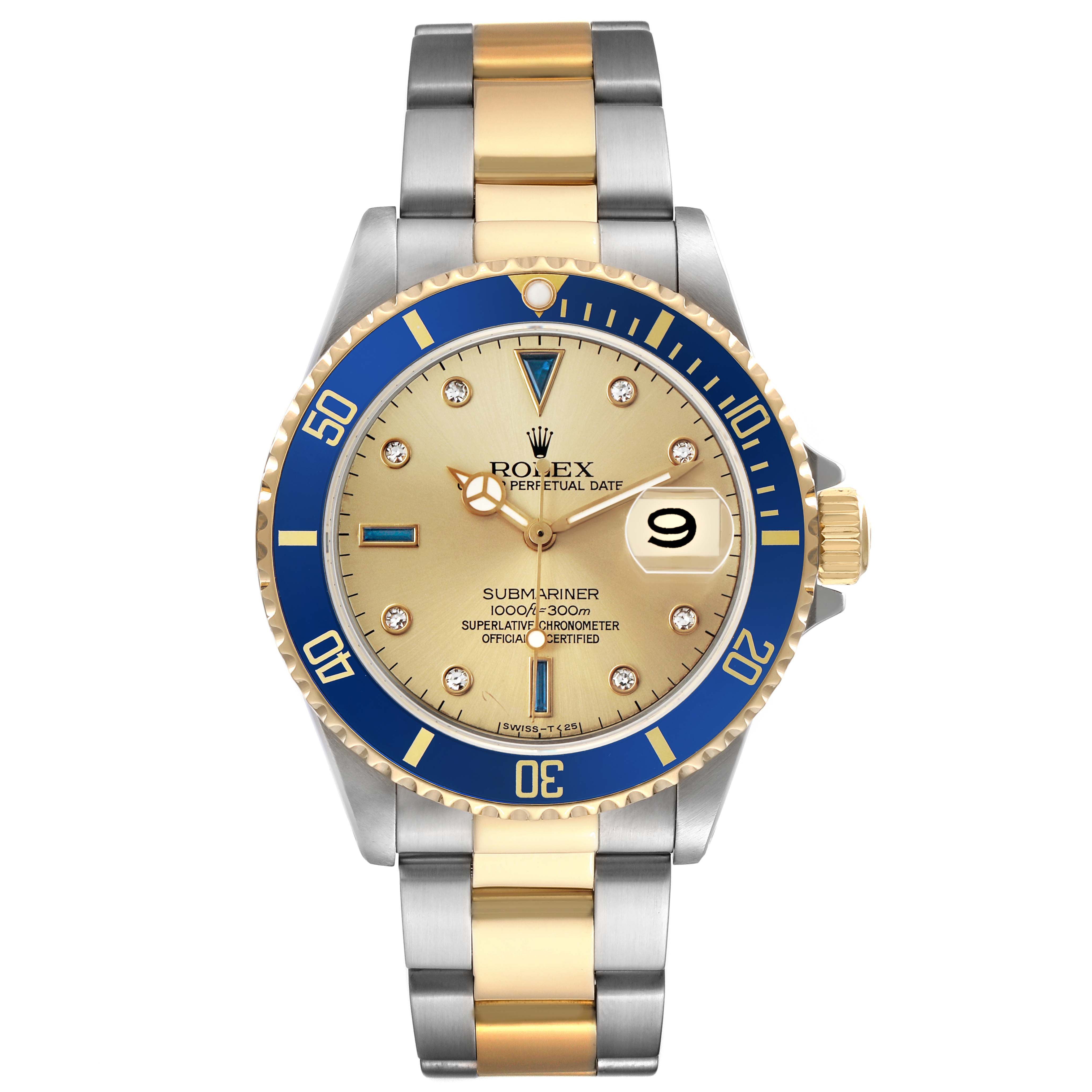 The Rolex Submariner 16613 Men's Steel and Gold (two tone) Champagne Dial watch is shown from the front, highlighting its bezel, dial, hands, and two-tone bracelet.
