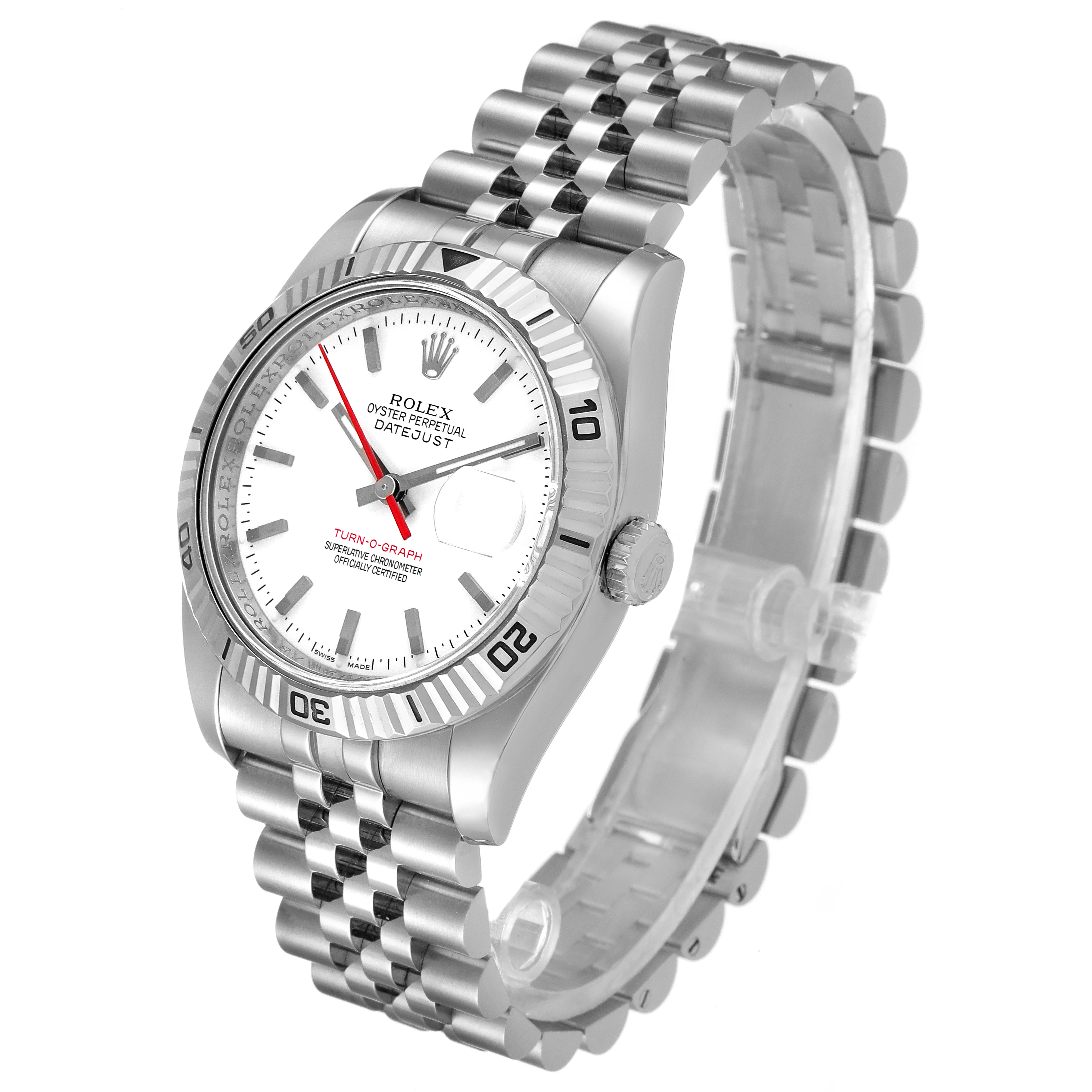 The Rolex Turn-o-Graph 116264 Men
s Stainless Steel White Dial 116264 Men
s Stainless Steel White Dial watch is shown at an angled view, highlighting the dial, bezel, and bracelet parts.