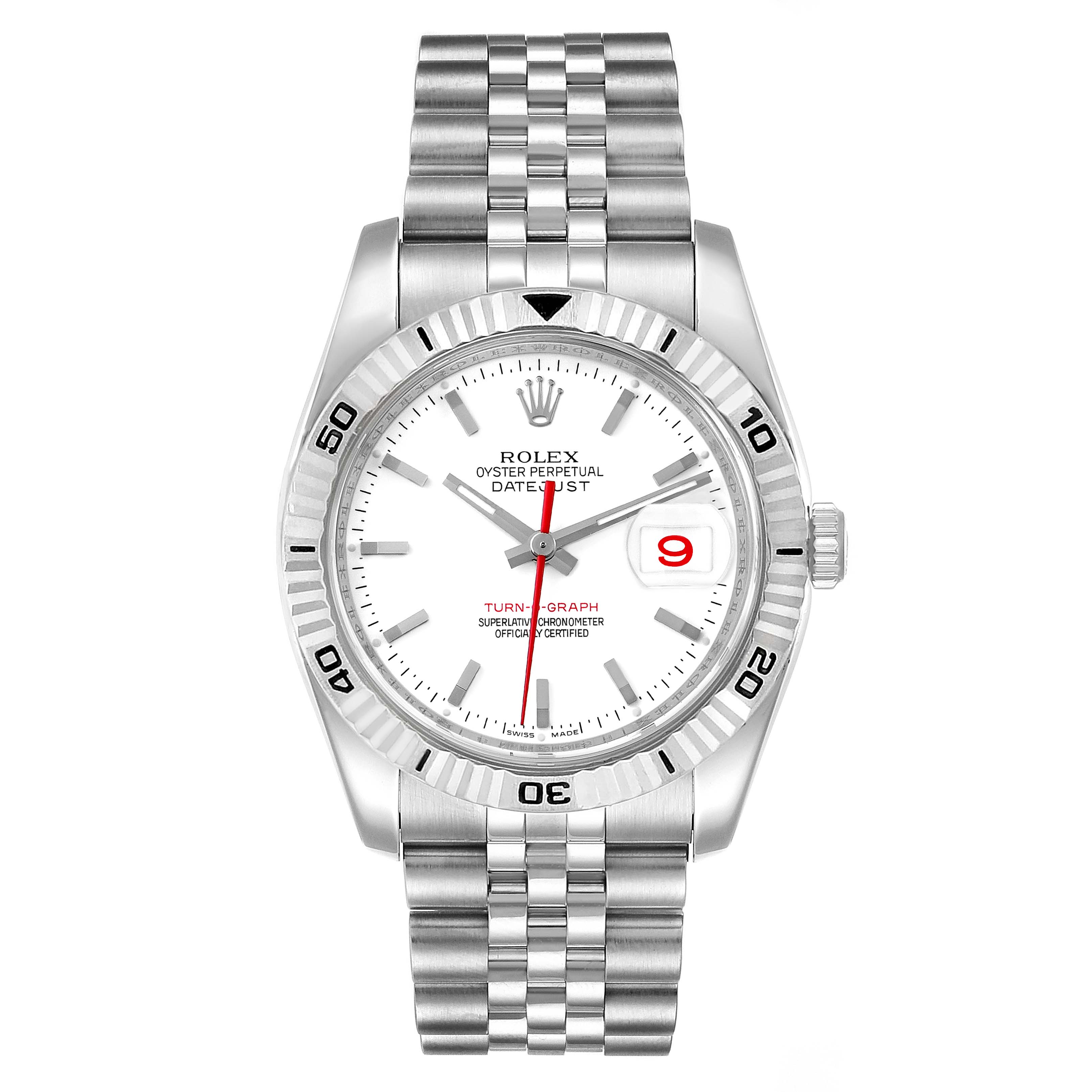 The image shows a Rolex Turn-o-Graph 116264 Men
s Stainless Steel White Dial 116264 Men
s Stainless Steel White Dial watch from a front angle, displaying its face, bezel, and metal bracelet.
