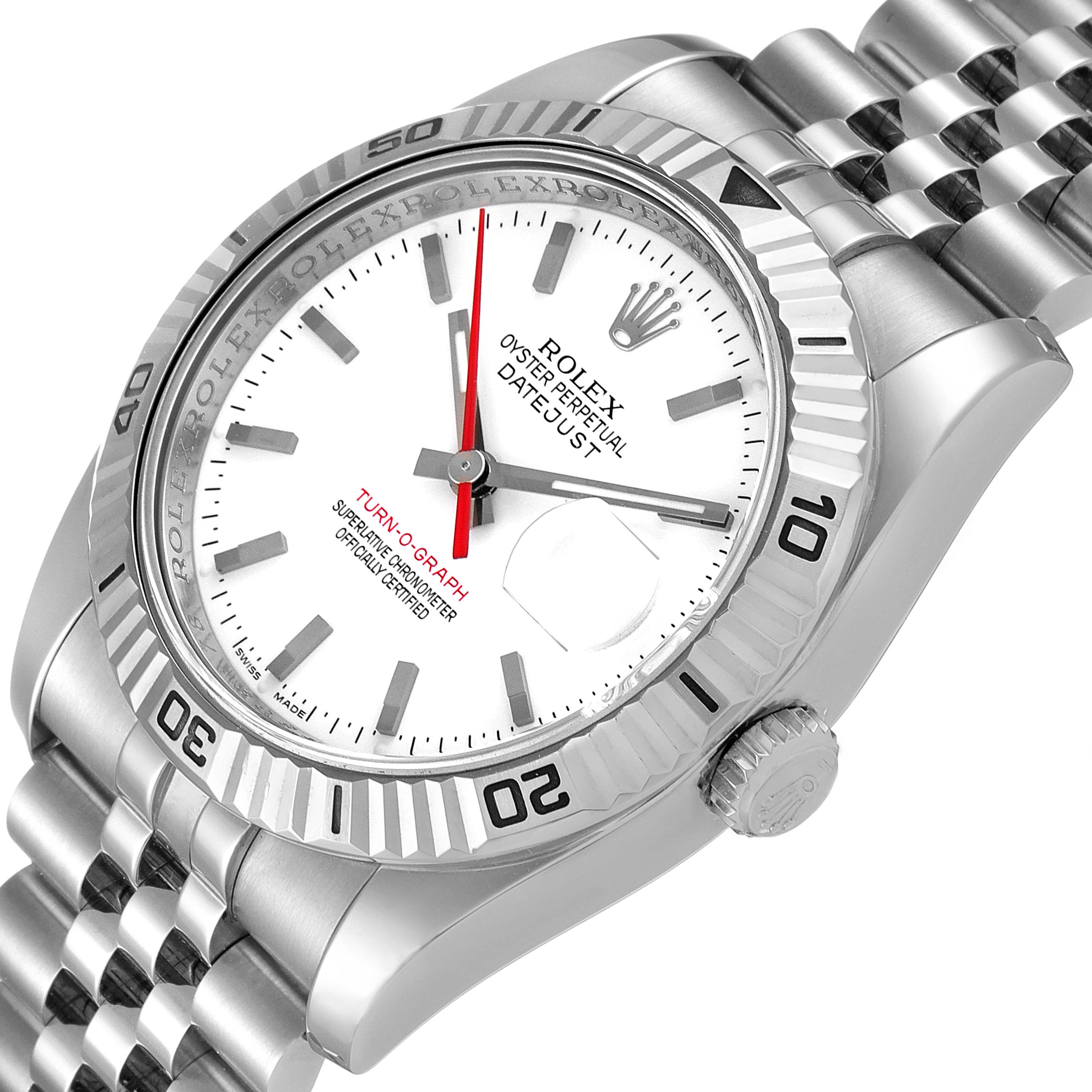 The image displays a Rolex Turn-o-Graph 116264 Men
s Stainless Steel White Dial 116264 Men
s Stainless Steel White Dial watch at an angle highlighting the dial, bezel, crown, and part of the bracelet.