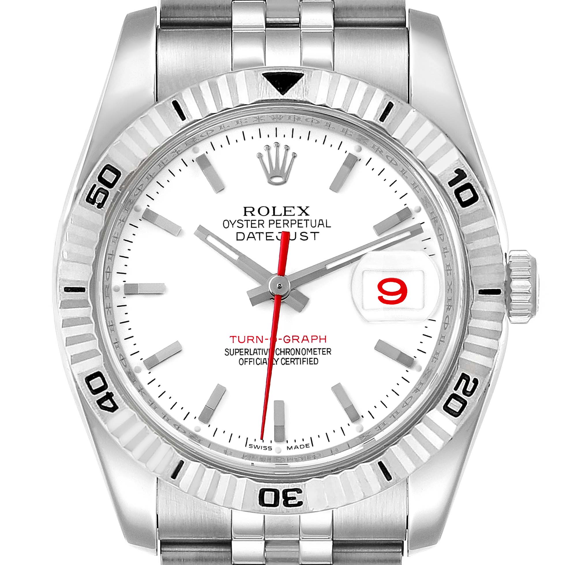 This image shows a front view of a Rolex Turn-o-Graph 116264 Men
s Stainless Steel White Dial 116264 Men
s Stainless Steel White Dial watch, highlighting the dial, bezel, hands, and bracelet.