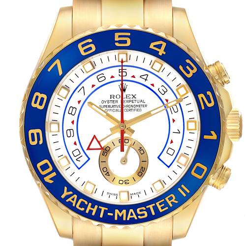 The Rolex Yacht-Master 116688 Men's Yellow Gold White Dial II watch is shown from a front angle, highlighting the dial, bezel, and part of the strap.