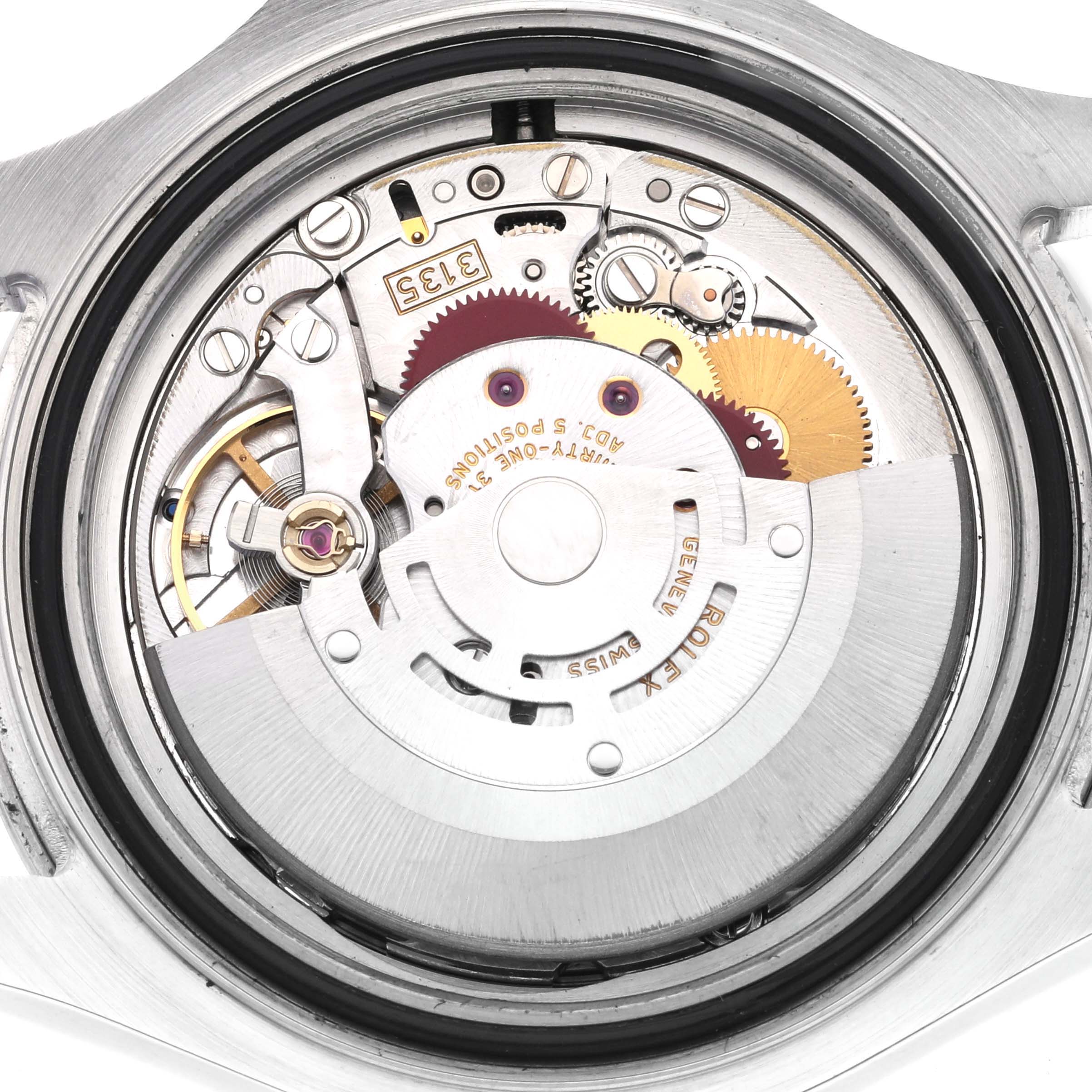 The image shows the movement and internal components of a Rolex Yacht-Master 16622 Men
s Stainless Steel Silver Dial 16622 Men
s Stainless Steel Silver Dial watch viewed from the back.
