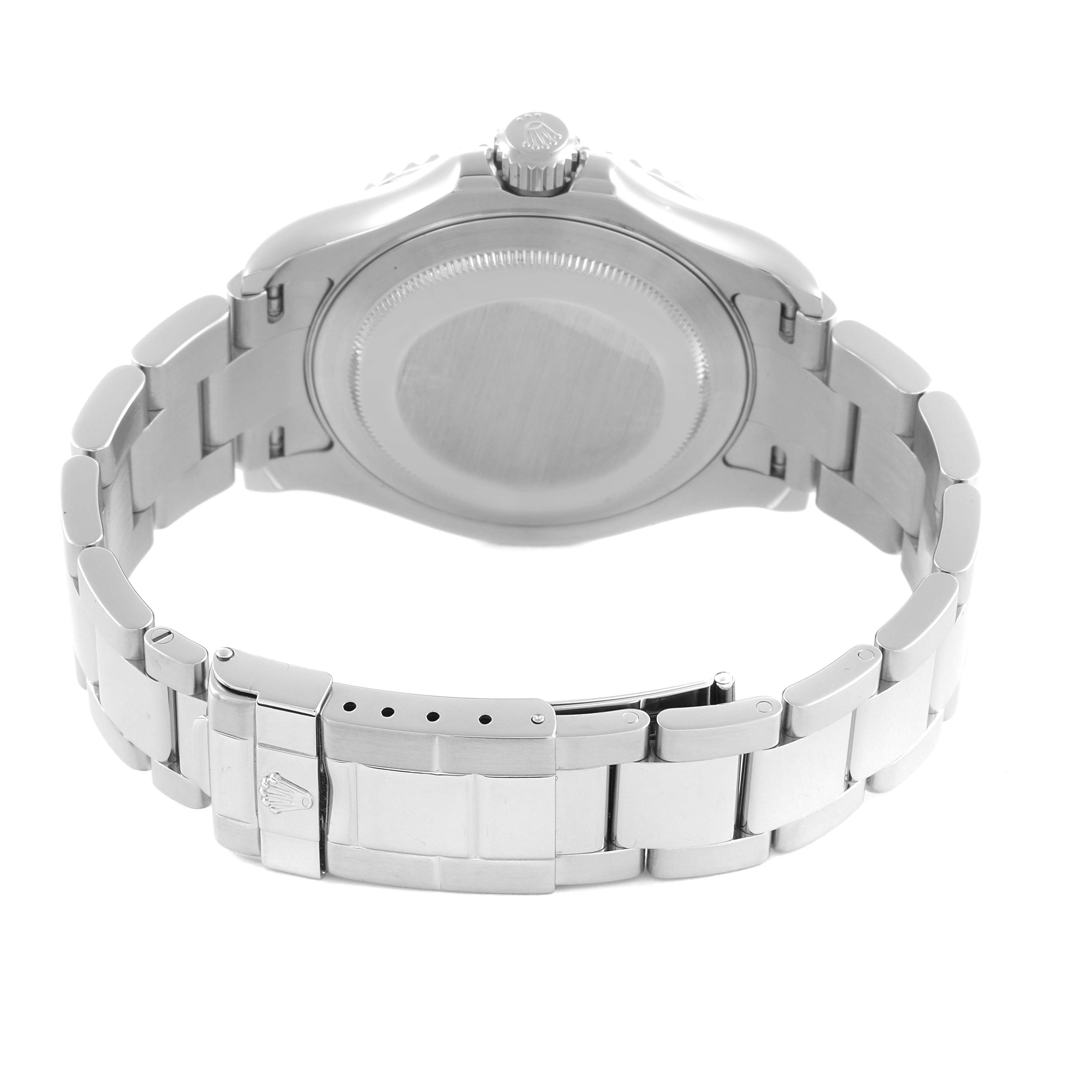 The Rolex Yacht-Master 16622 Men
s Stainless Steel Silver Dial 16622 Men
s Stainless Steel Silver Dial watch is shown from the back, displaying the case back and bracelet with a visible clasp.