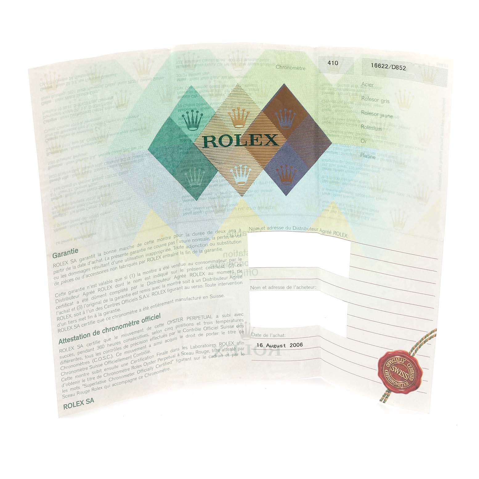 The image shows a warranty document for a Rolex Yacht-Master 16622 Men
s Stainless Steel Silver Dial 16622 Men
s Stainless Steel Silver Dial, featuring text and branding elements.