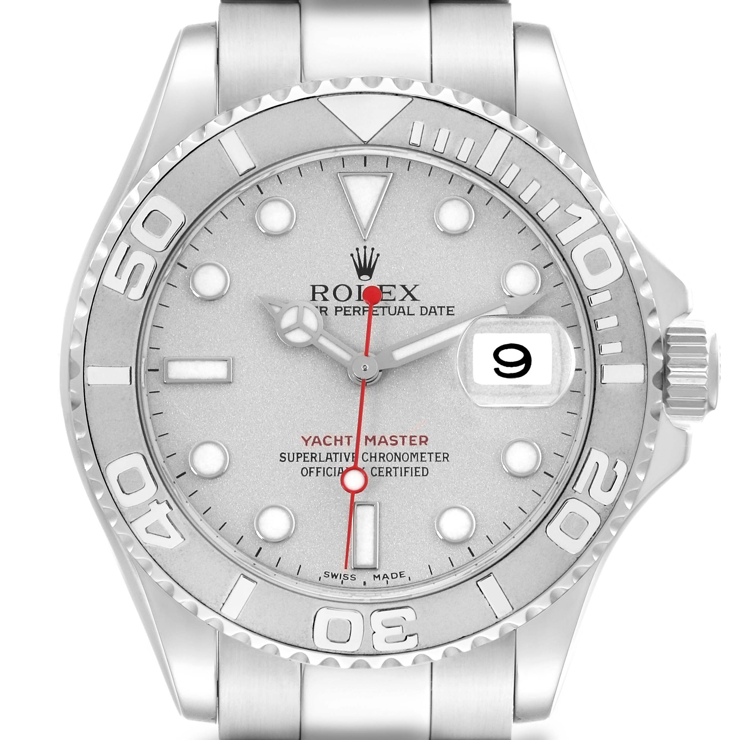 The Rolex Yacht-Master 16622 Men
s Stainless Steel Silver Dial 16622 Men
s Stainless Steel Silver Dial watch is shown from a front angle, displaying the face, bezel, hands, and part of the bracelet.