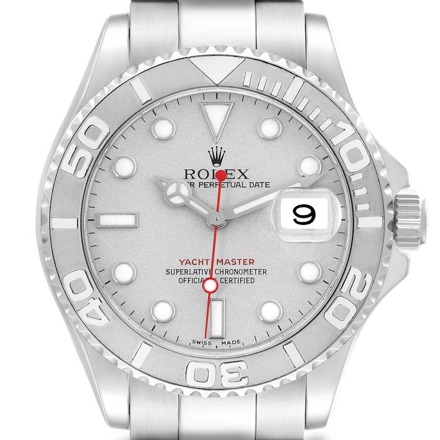 The Rolex Yacht-Master watch is shown from a front angle, displaying the face, bezel, hands, and part of the bracelet.