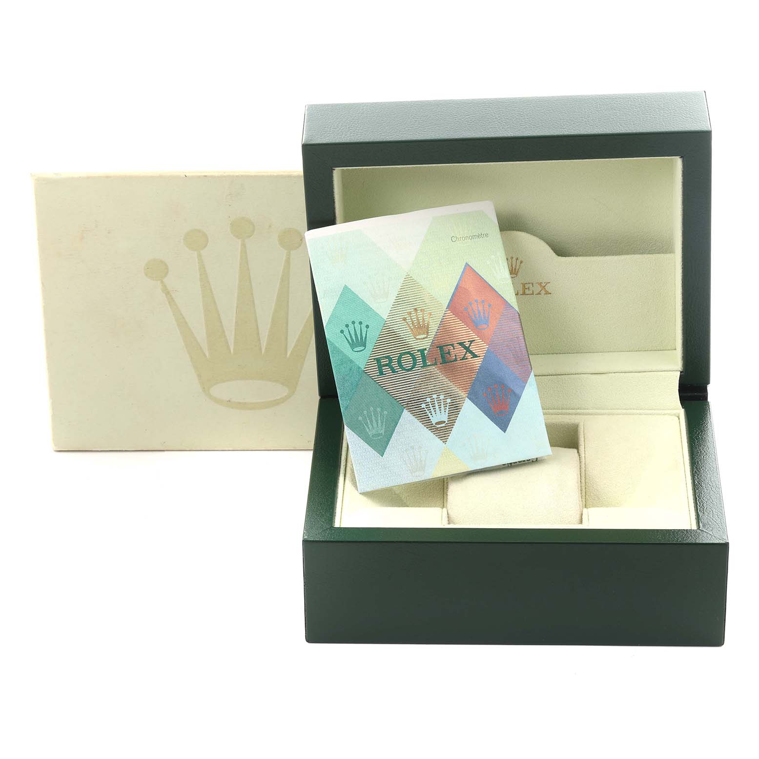 The image shows a Rolex Yacht-Master 16622 Men
s Stainless Steel Silver Dial 16622 Men
s Stainless Steel Silver Dial watch box with a certificate card, featuring an open presentation angle.