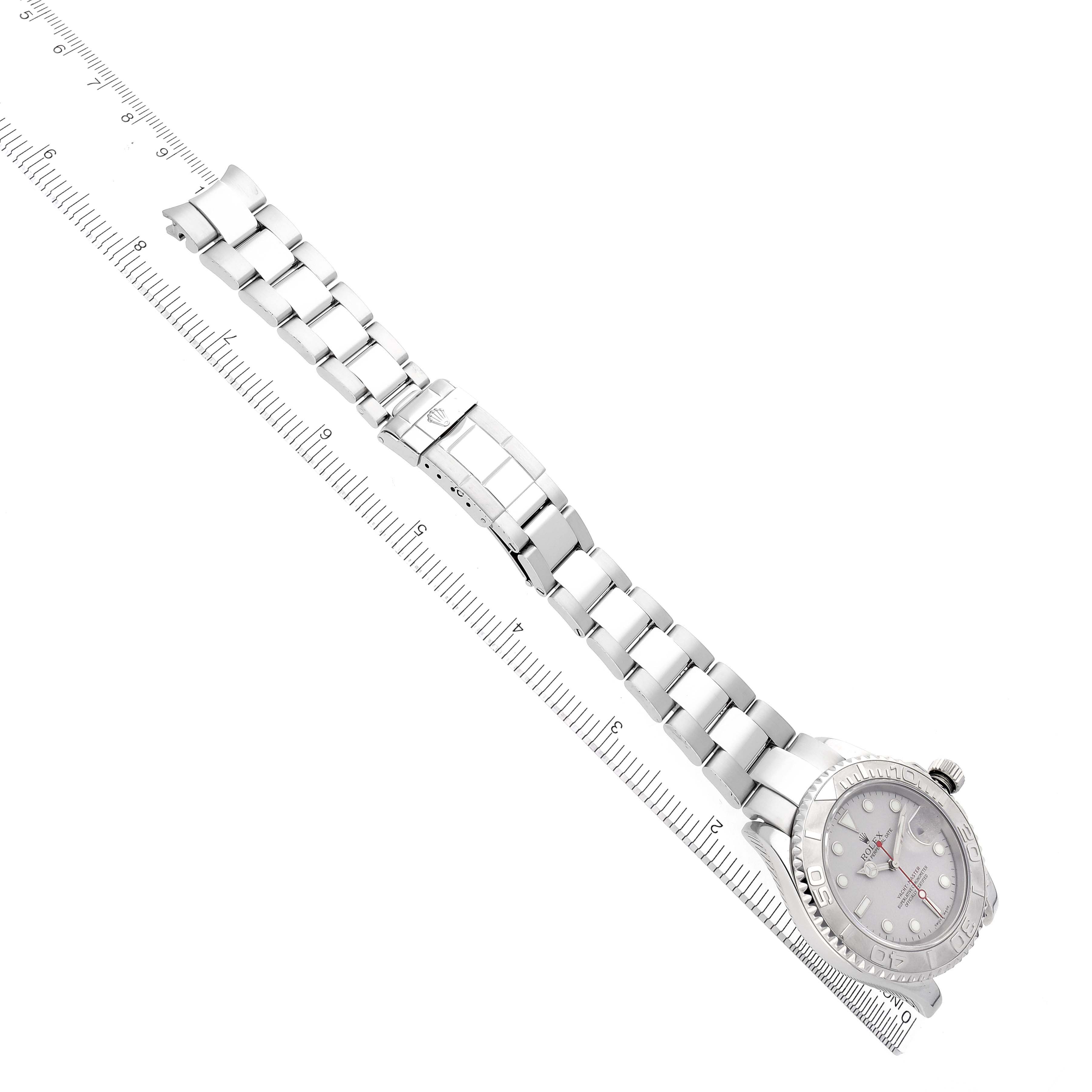 The image shows the Rolex Yacht-Master 16622 Men
s Stainless Steel Silver Dial 16622 Men
s Stainless Steel Silver Dial watch at an angled top-down view, displaying the full bracelet, clasp, and dial.