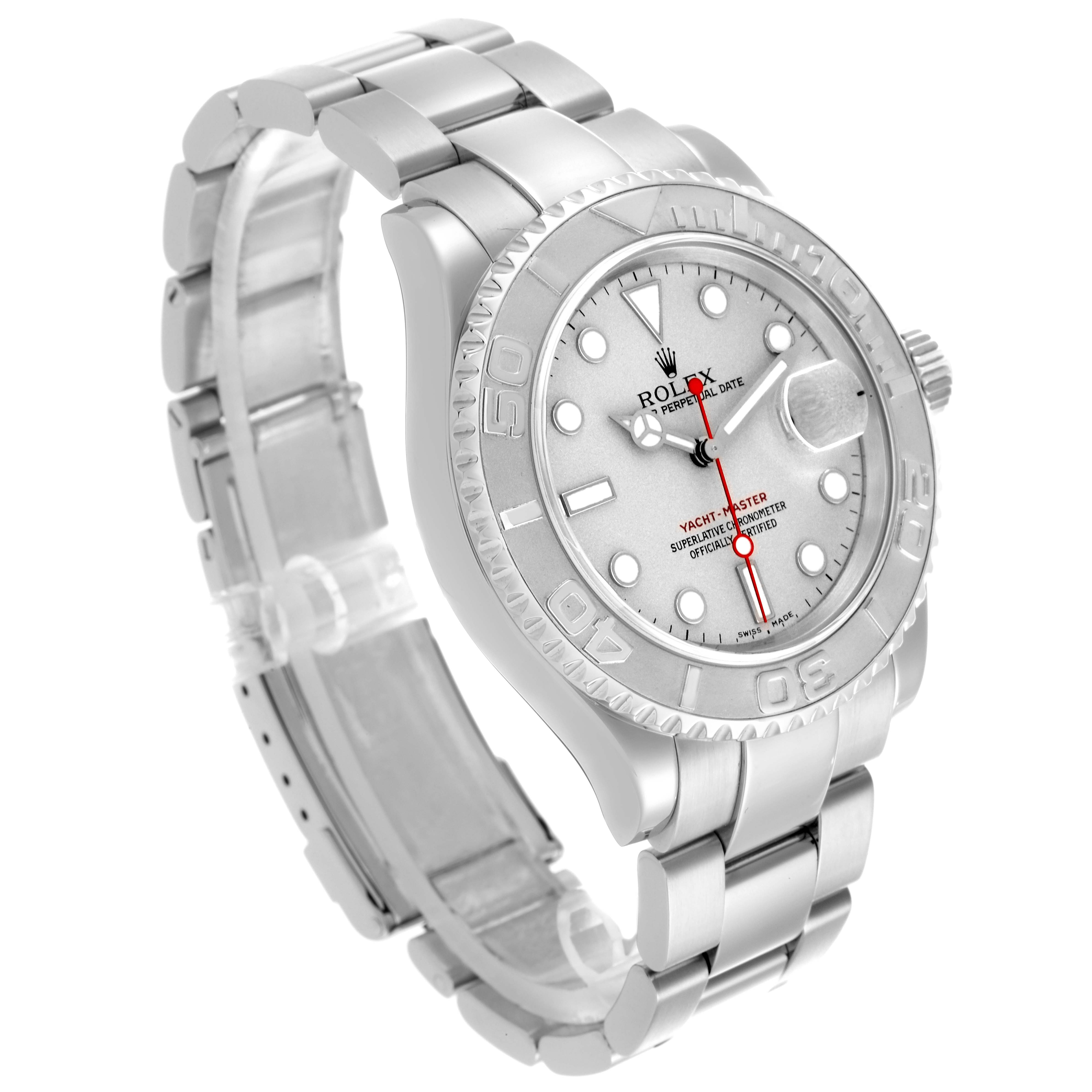 The Rolex Yacht-Master 16622 Men
s Stainless Steel Silver Dial 16622 Men
s Stainless Steel Silver Dial watch is shown at an angled front view, highlighting the face, bezel, and bracelet.